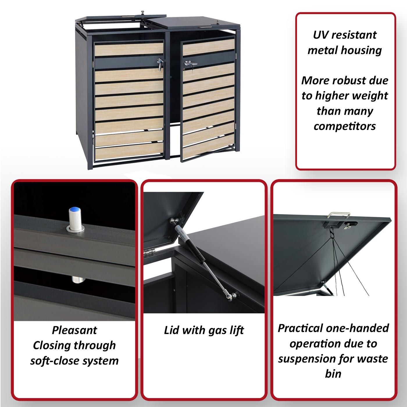 Set 2x copribidoni box spazzatura rifiuti HWC-J81 80x132x117cm acciaio inox antracite gold - 9