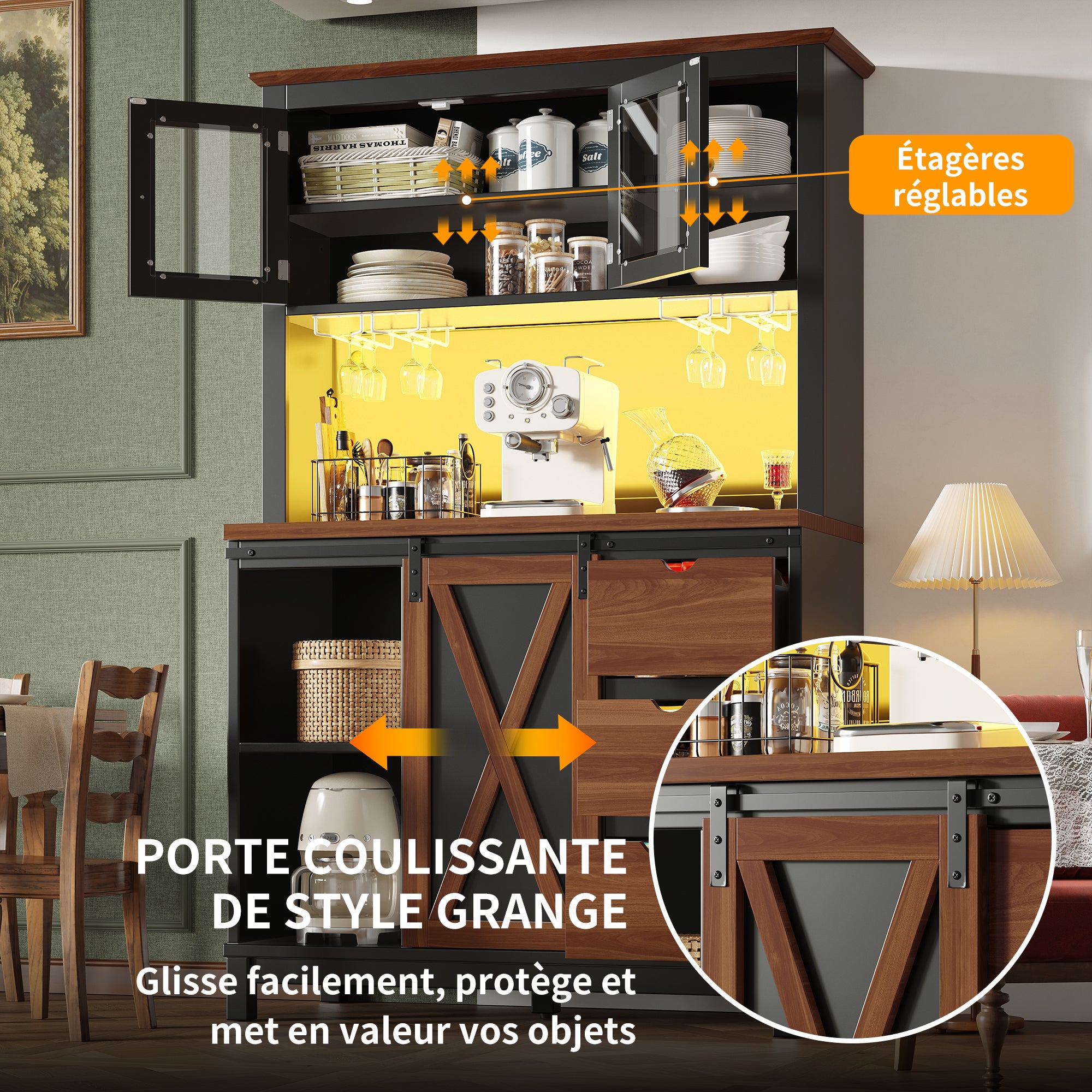 Buffet de cuisine haut avec 3 portes, 3 tiroirs et compartiments - 104 x 40 x 180 cm - MDF + verre - LEDs - Noir - 9