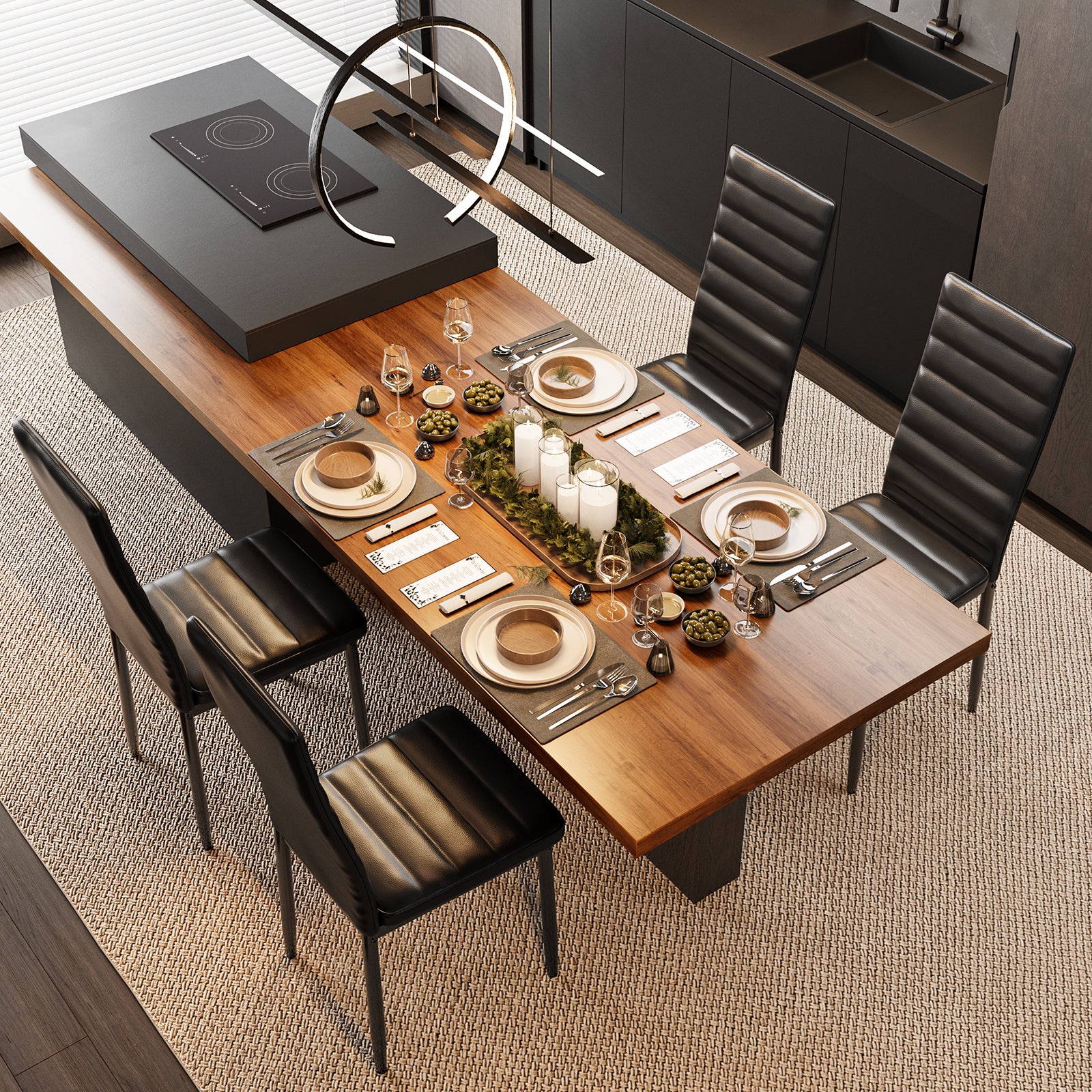 Bealife Conjunto de 4 Cadeiras de Sala de Jantar Assento Amortecido em Couro PU Pés em Metal com Dedo Antiderrapante Negro - 2