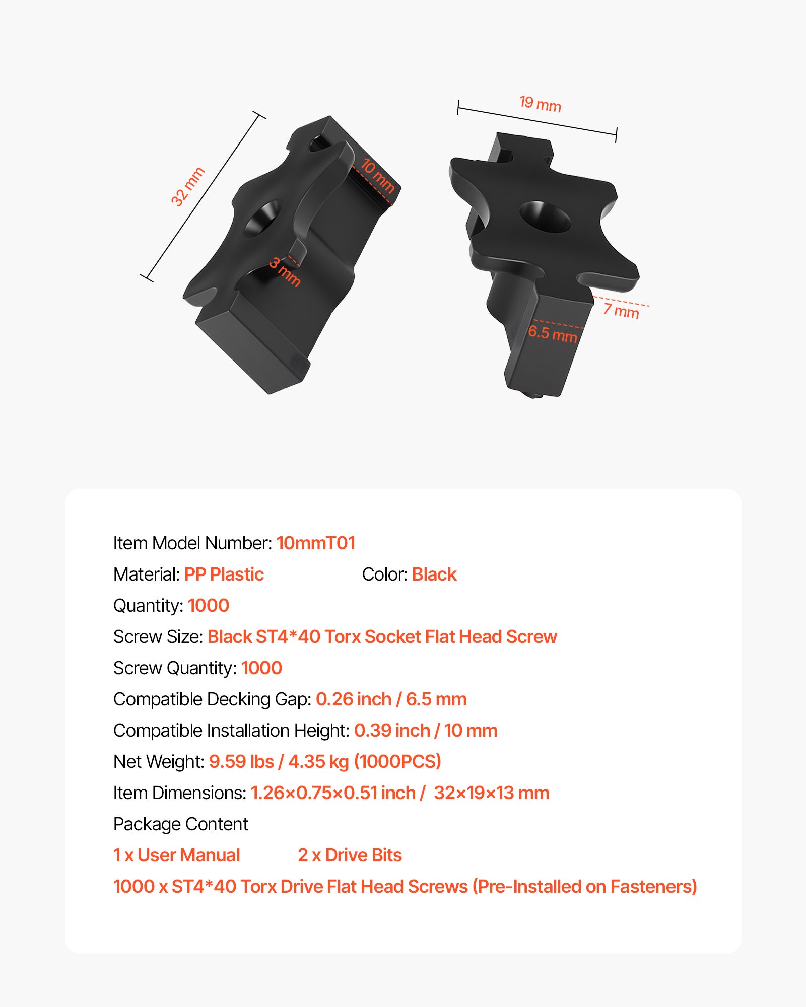 Fixation Invisible VEVOR pour Lame Terrasse Composite, 1000 PCS, Clips T en Plastique PP, Compatible avec Lames Terrasse d'Écart 6,5&nbsp;mm, Hauteur 10&nbsp;mm - 7