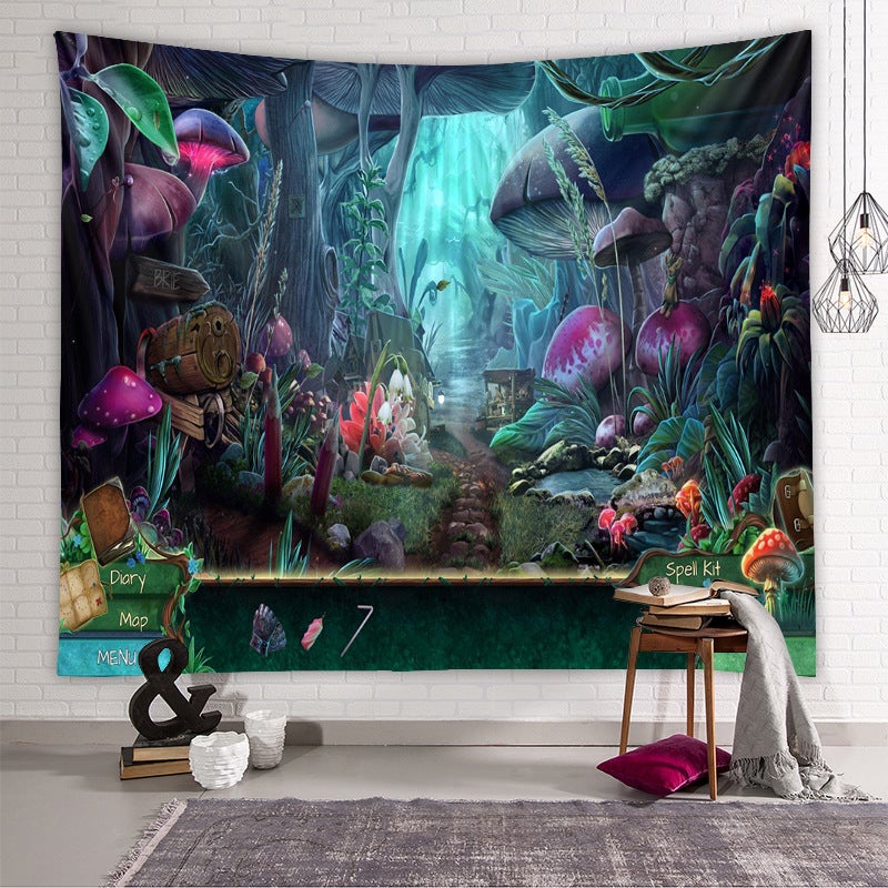Ogród Grzybów 1 Gobelin Ścienny Las Ogród, Hipisowska Psychodeliczna Tapiseria Gobeliny Ścienne Rośliny Grzyby, Abstrakcyjna Dekoracja Tapestry