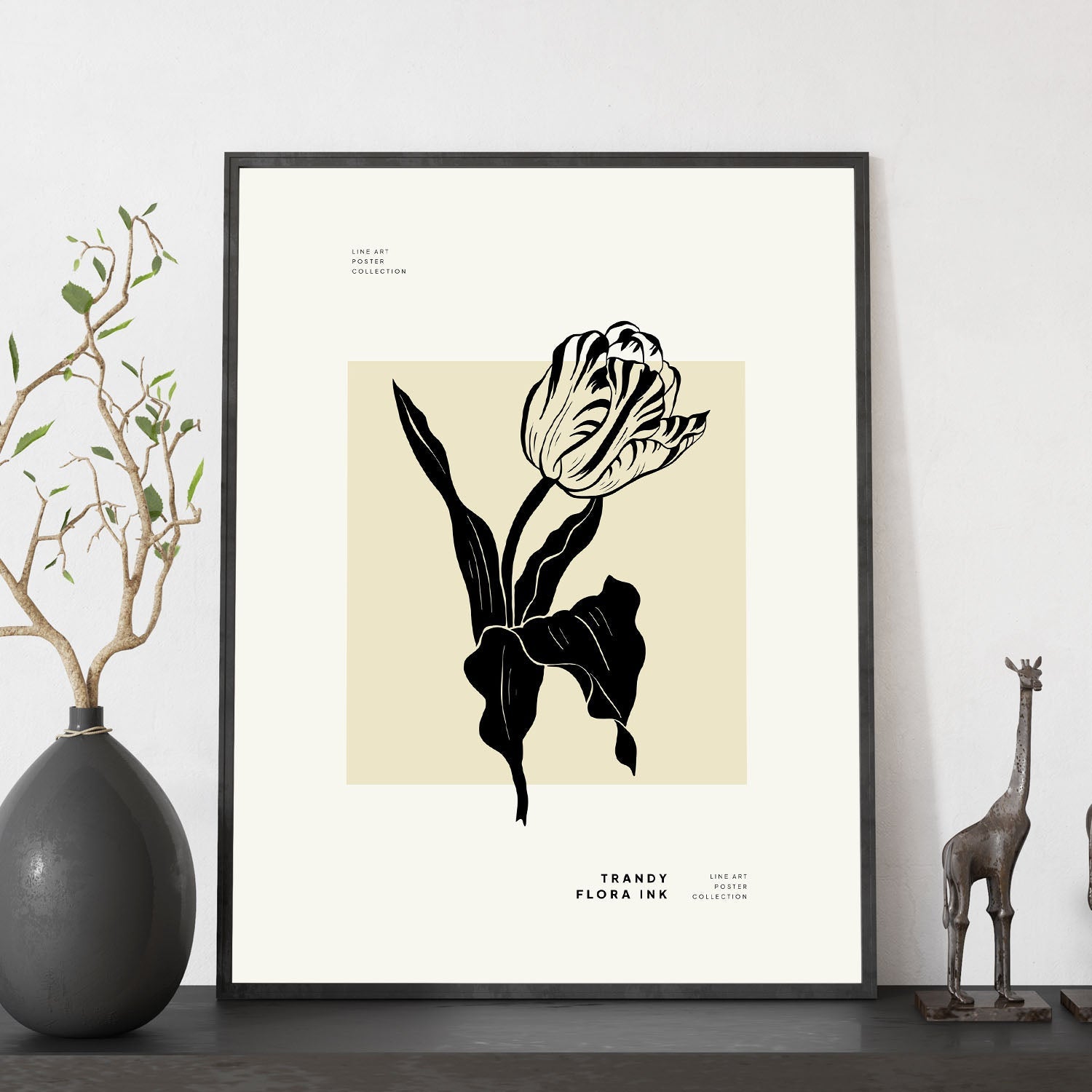 Póster pop art abstracto. tulipán ilustraciones artísticas modernas para la decoración de interiores. marco madera clara a3
