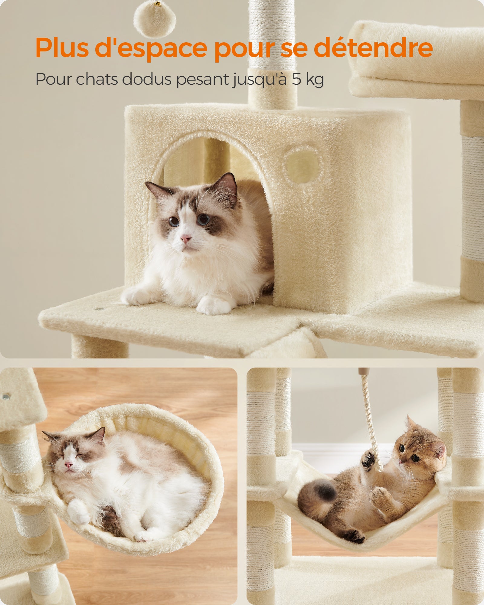 Arbre à Chat, Hauteur 168 cm, avec 13 Griffoirs, 2 Plate-forme, 2 Niches, Panier, Hamac, Pompon, Tissu Peluche, Beige - 4