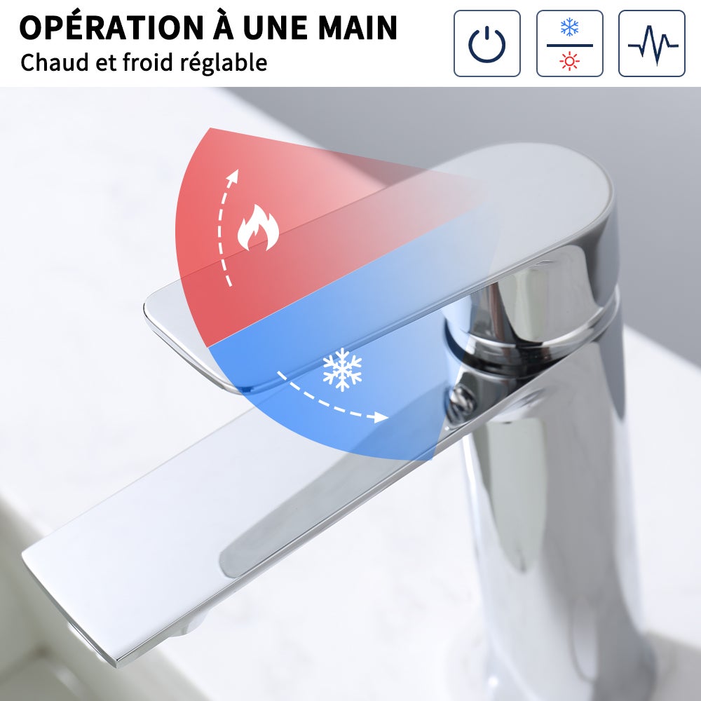 Mitigeur de Lavabo Chromé en Laiton avec Levier Unique, Robinet Salle de Bain Eau Chaude et Froide pour Lave-Mains - 2