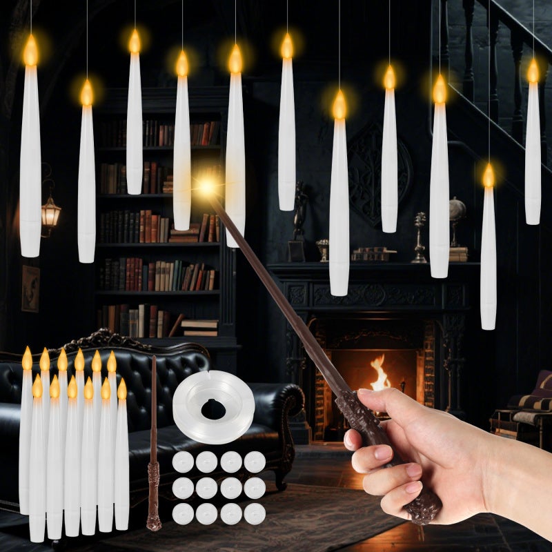 Soarling Halloween Decorazioni, LED Candele Galleggianti con Funzione Timer, 12 Candele a Bastoncino Appese con Telecomando, Luce di Fiamma Tremolante per Natale Compleanno Torta Partito, Bianco