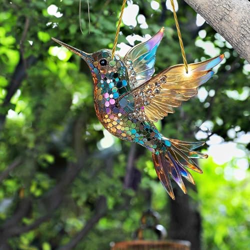 Miroir à deux fenêtres captant la lumière du soleil, décoration de fenêtre peinte colibri, ornement colibri en acrylique, 20*20cm (chaîne incluse). - 8