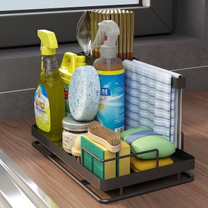 Organisateur De Rangement Évier Cuisine INOX - Porte-Éponge Double Étage Robuste Pour Torchons, Savon Et Brosses