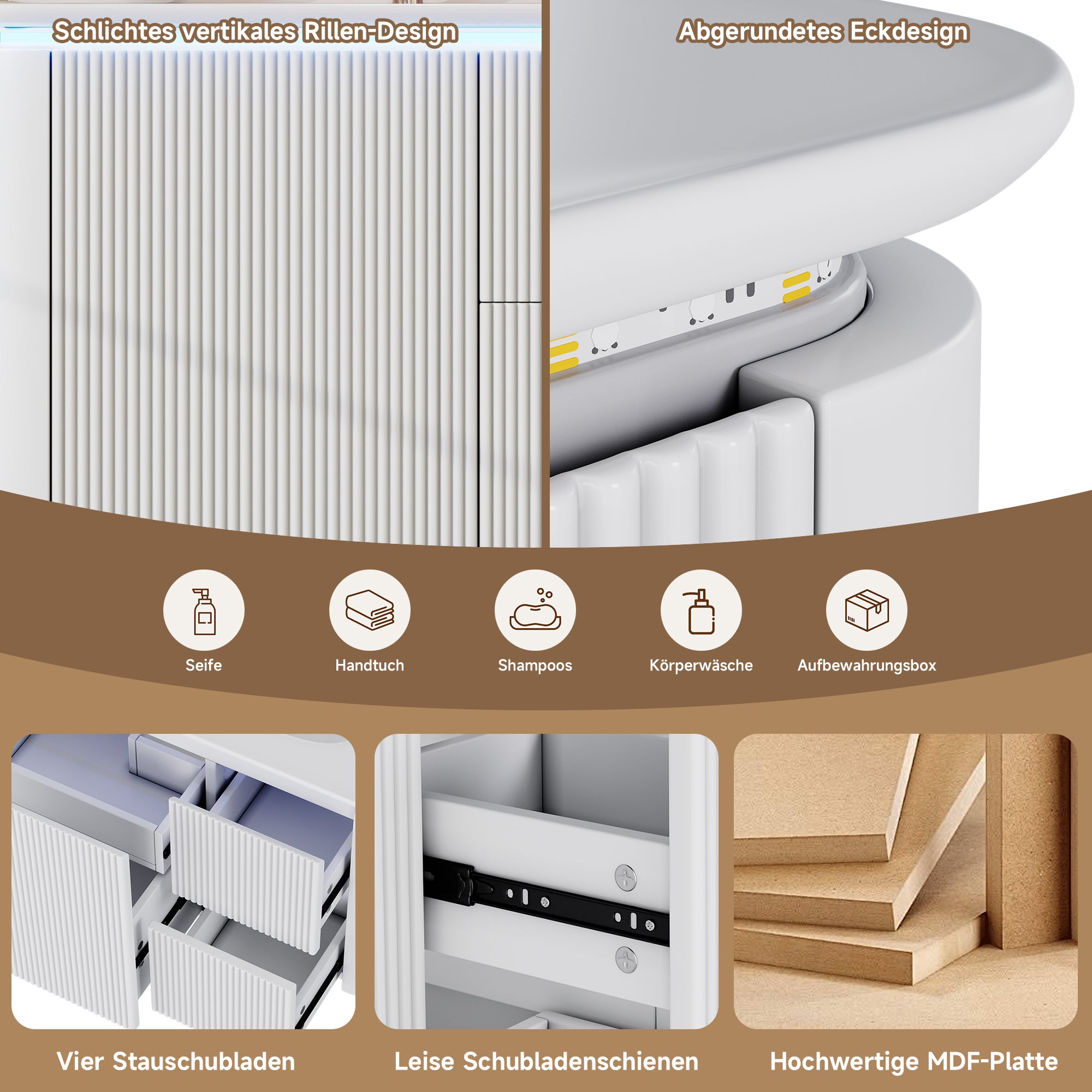 Meuble de salle de bain mural - Vasque simple en céramique et 4 tiroirs - 80,5 x 47,5 x 51 cm - MDF - LEDs - Laqué blanc - 8