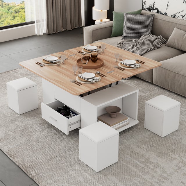 Table basse releveable avec 4 tabourets et 1 tiroir - 100 x 50 x 45/60 cm - Panneau de particules - Blanc et bois naturel