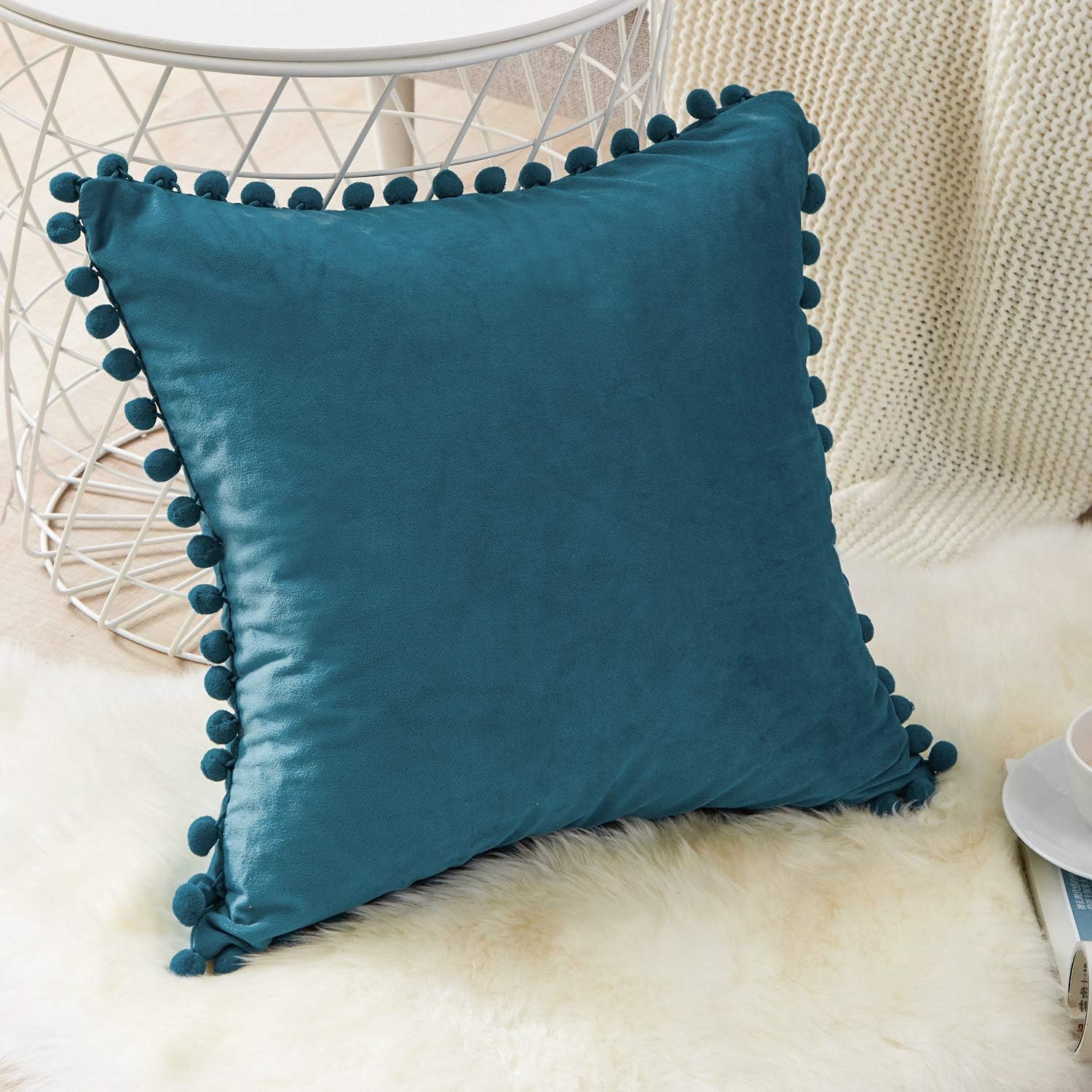 Set of 2 velvet pillows, simple pillowcases, decorative pillow case， 45 × 45 cm，Bleu paon - 6