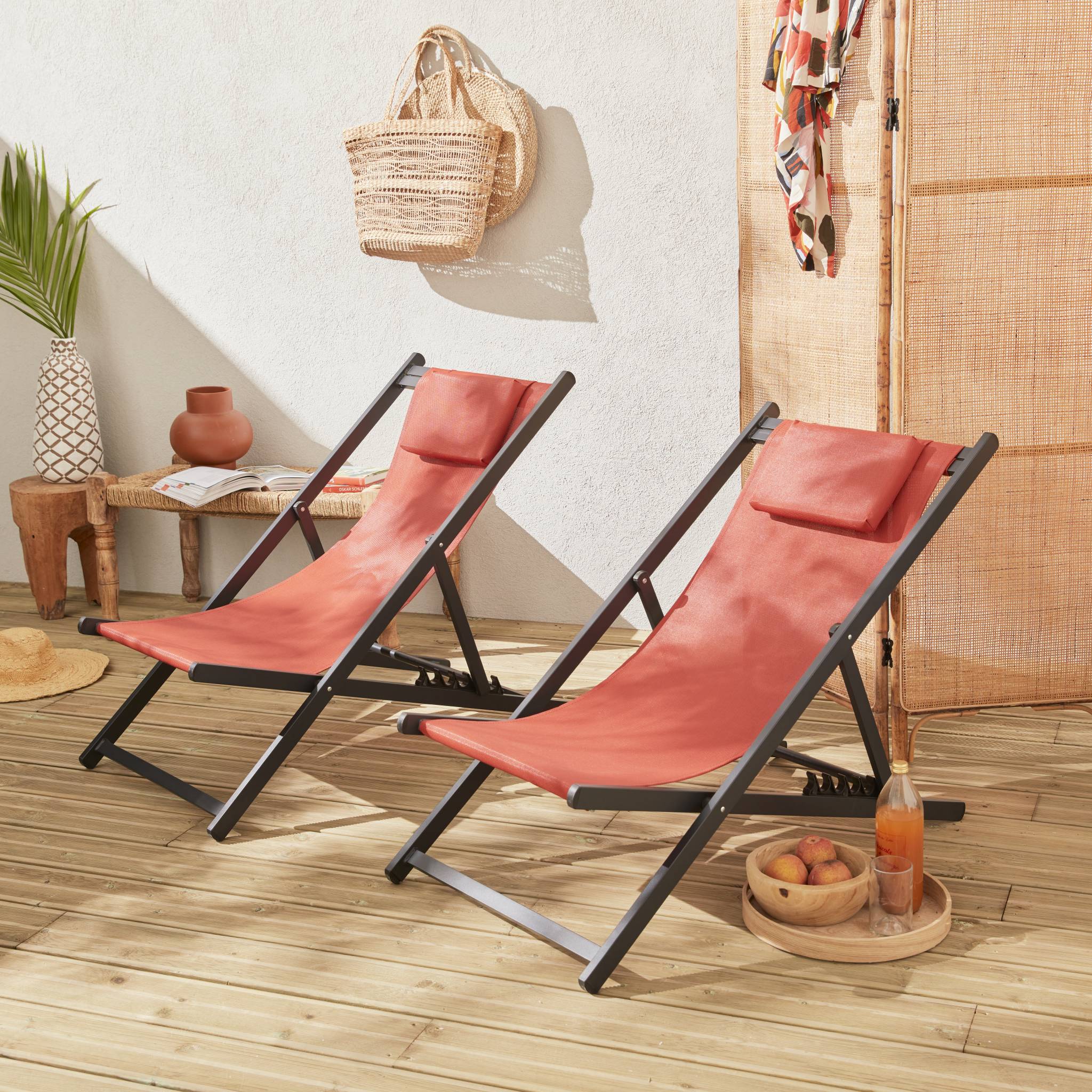 Lot de 2 bains de soleil - Gaia terra cotta - Transat en aluminium gris anthracite et textilene avec coussin repose tête. chilienne - 2