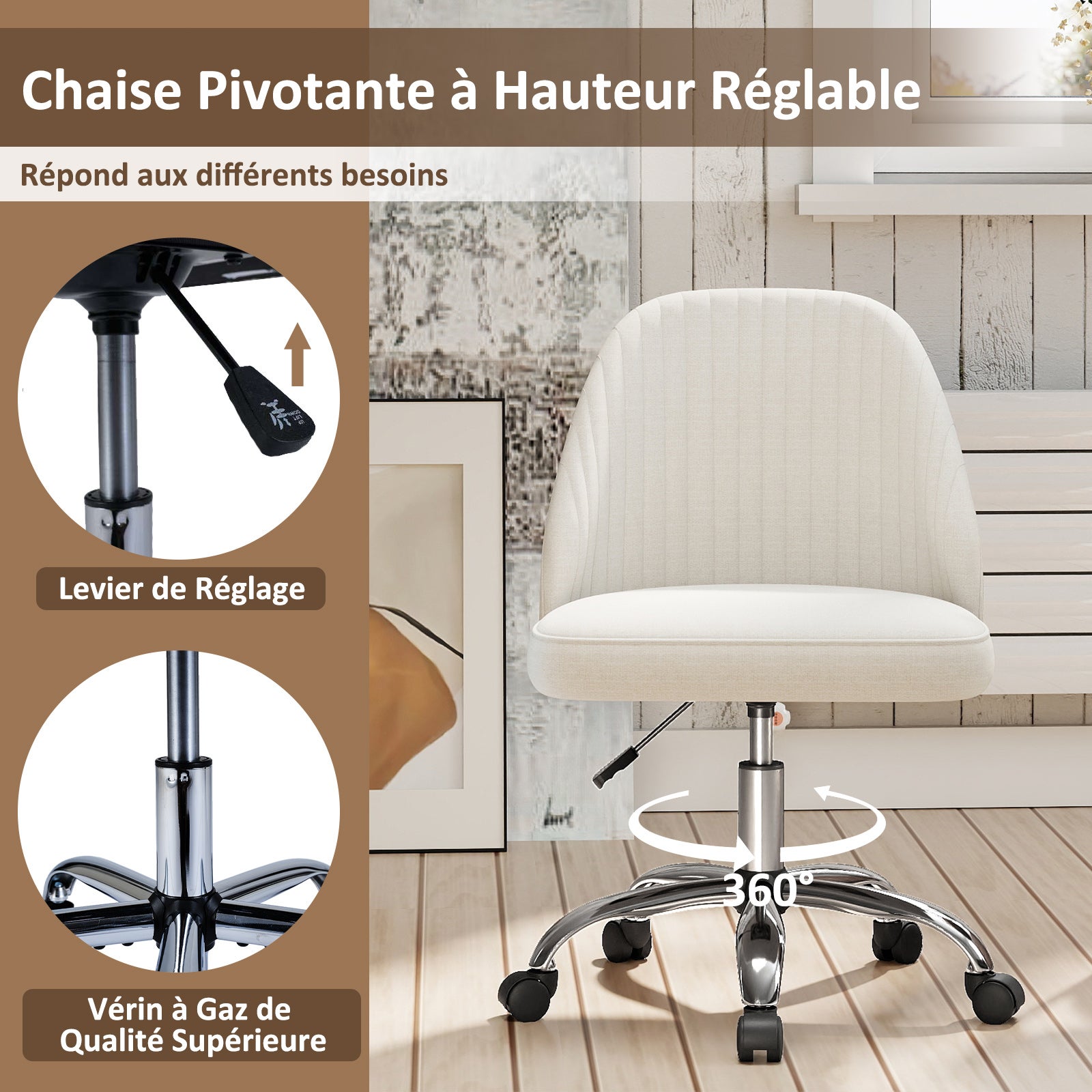 Chaise de Bureau Pivotante, Chaise de Coiffeuse sur Roulettes avec Siège Rembourré sans Accoudoirs, Réglable en Hauteur, Beige - 2