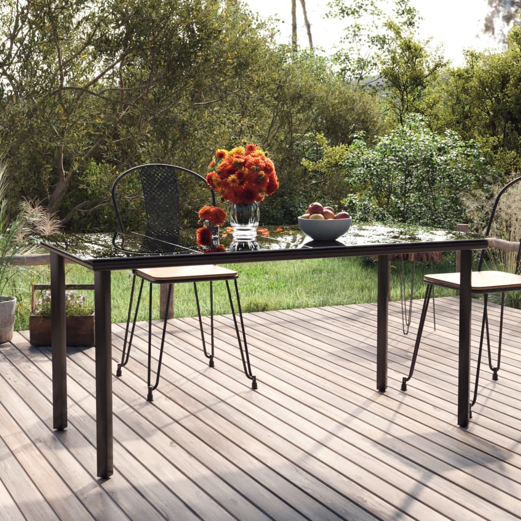 Mesa comedor jardín，Mesa para exteriores，Mesa de patio acero y vidrio templado negro 160x80x74 cm CFW86473 - 2