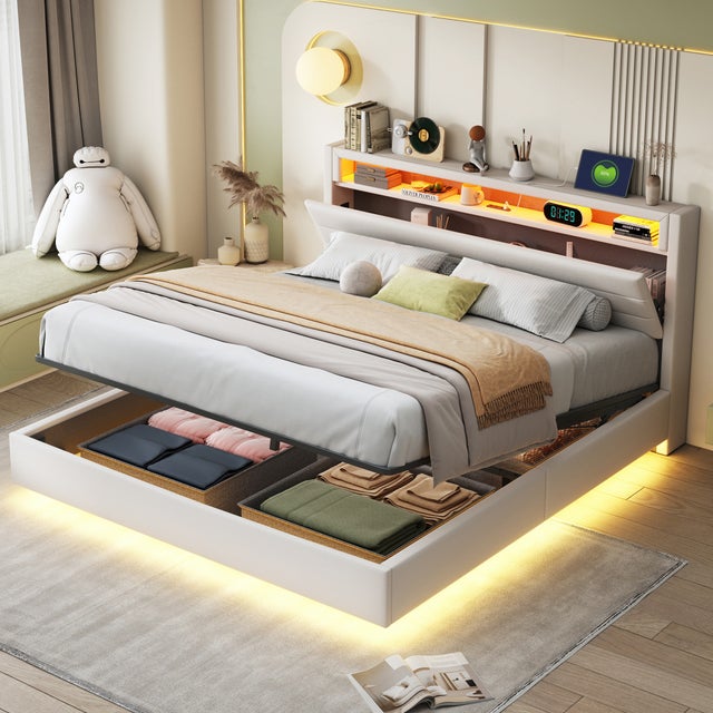 Letto contenitore 160 x 200 cm con testiera contenitore e scomparti - LED e presa USB - Tessuto lino - Beige