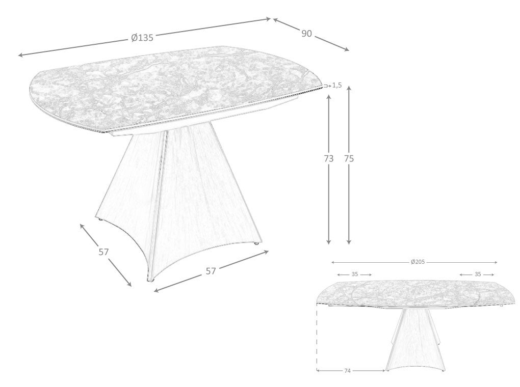 Table à manger à rallonge baril ovale marbre porcelaine et acier effet noyer Ø135 x 90 x 75 cm - 5