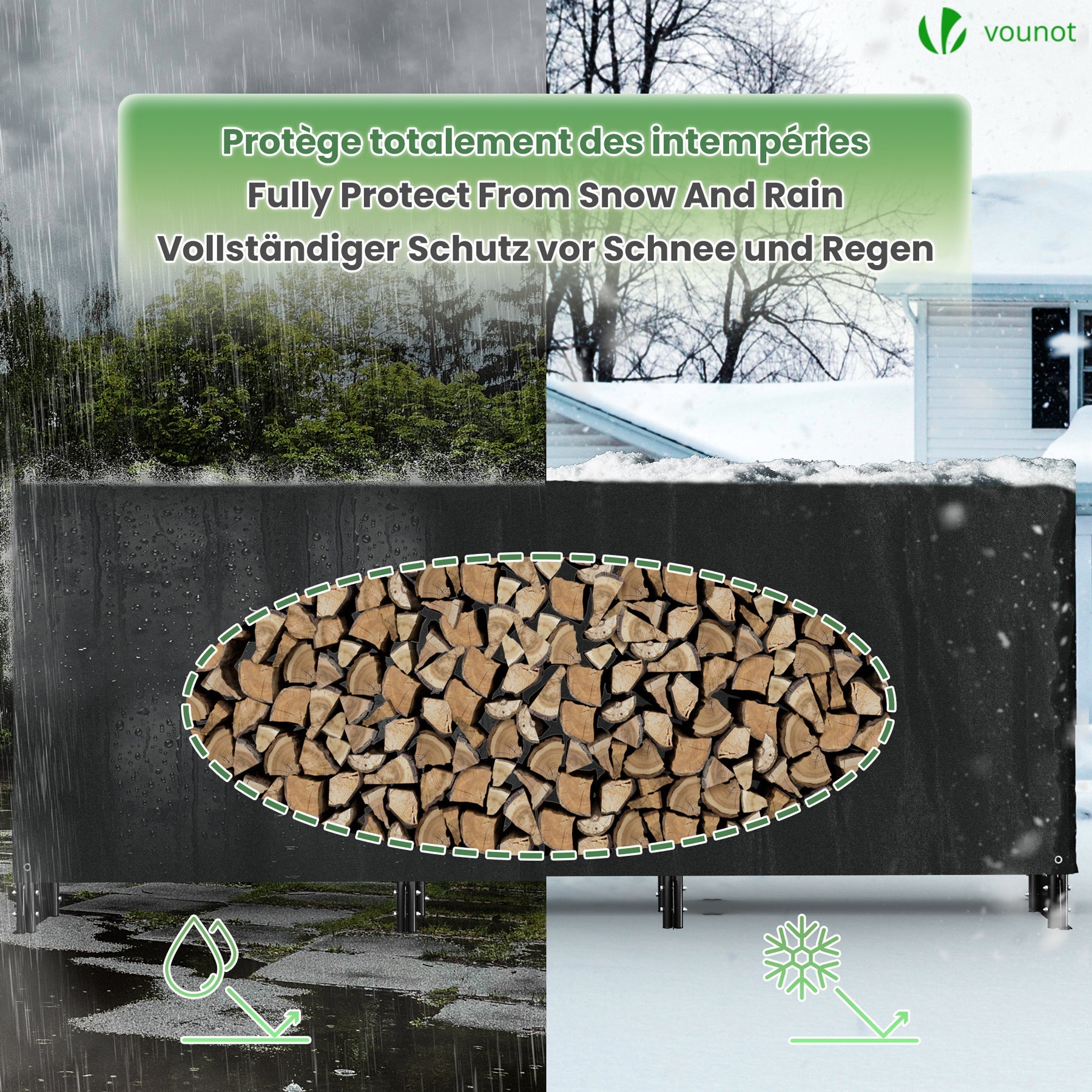 Abri range-bûches 3m avec housse noire - Serre bûche en métal - Support bois de chauffage pour cheminée et extérieur - VOUNOT® - 3