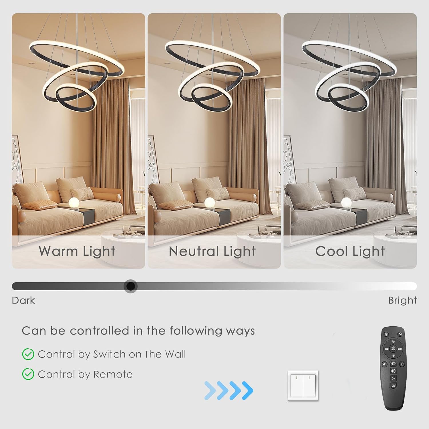 COMELY Suspension LED Moderne Spirale Noir 40W, Lustre 3 Anneaux Dimmable avec Télécommande Ø20+40+60 cm pour Salon Salle à Manger - 5