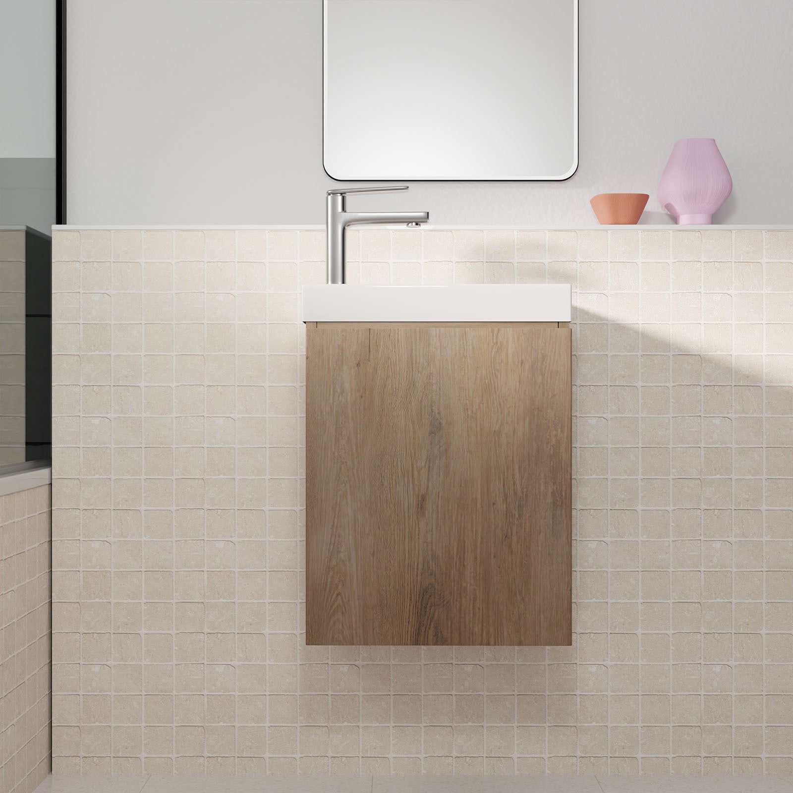 Meuble Lave Mains Décor Bois 40x50x22 cm avec Vasque en SMC Blanche - ELEMENTARY - 9