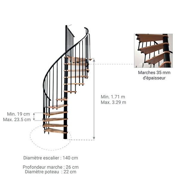 Escalier colimaçon 12 marches - Hauteur à franchir 2.28 à 2.82m - Diamètre 140cm - Structure grise et marche hêtre - BERL140-GH-12 - 2