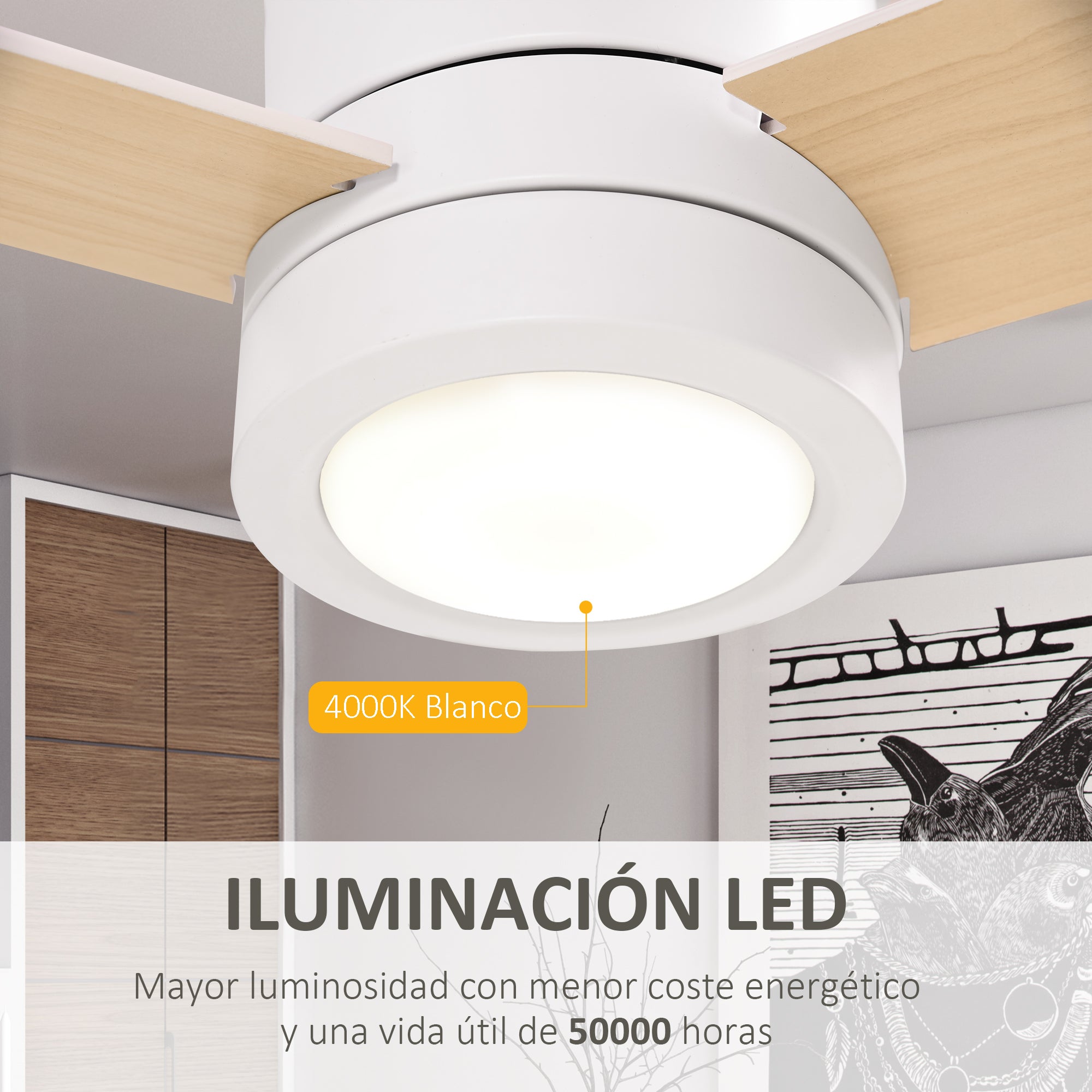 Ventoinha de Teto HOMCOM Branco Metal, MDF e Vidro Ø112x25cm - 5