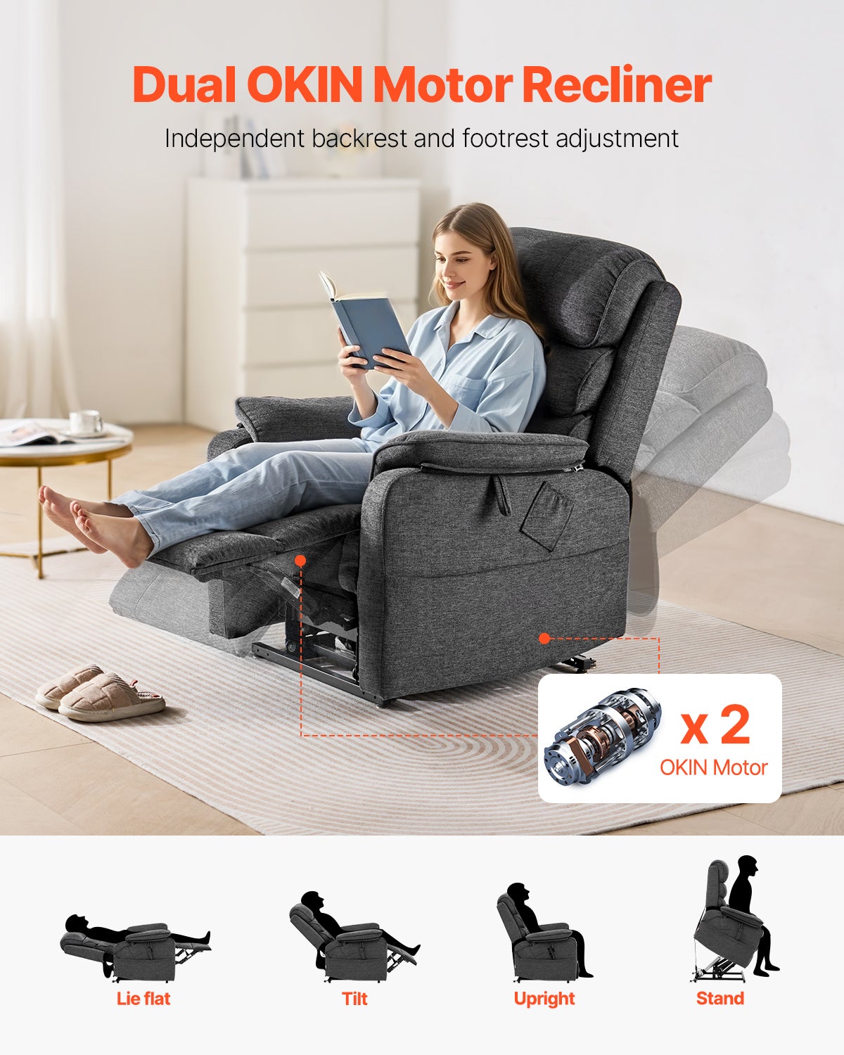 Fauteuil Inclinable Électrique Releveur,VEVOR Chaleur Massage pour Personnes Âgées,Double Moteur,2 Cordes Anti-Chute,Réglage Infini,Gris Foncé,M - 3