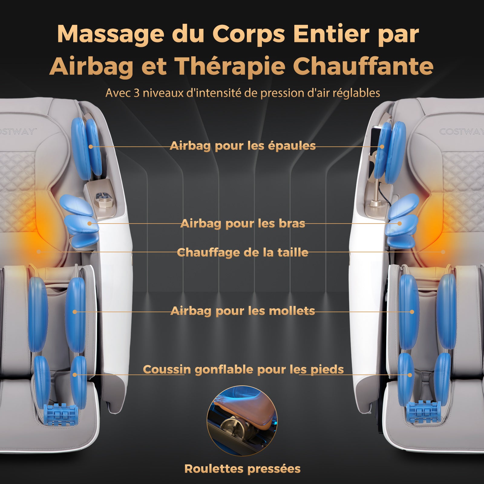 Fauteuil de Massage Électrique, Fauteuil de Massage Inclinable Rail SL avec 12 Modes Automatiques 5 Techniques de Massage Chauffage, Blanc - 5