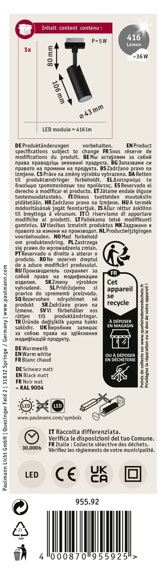 URail Spot sur rail 3-Step-Dim Tubo Spot individuel 190lm 4W 3000K gradable 230V Noir mat - 8