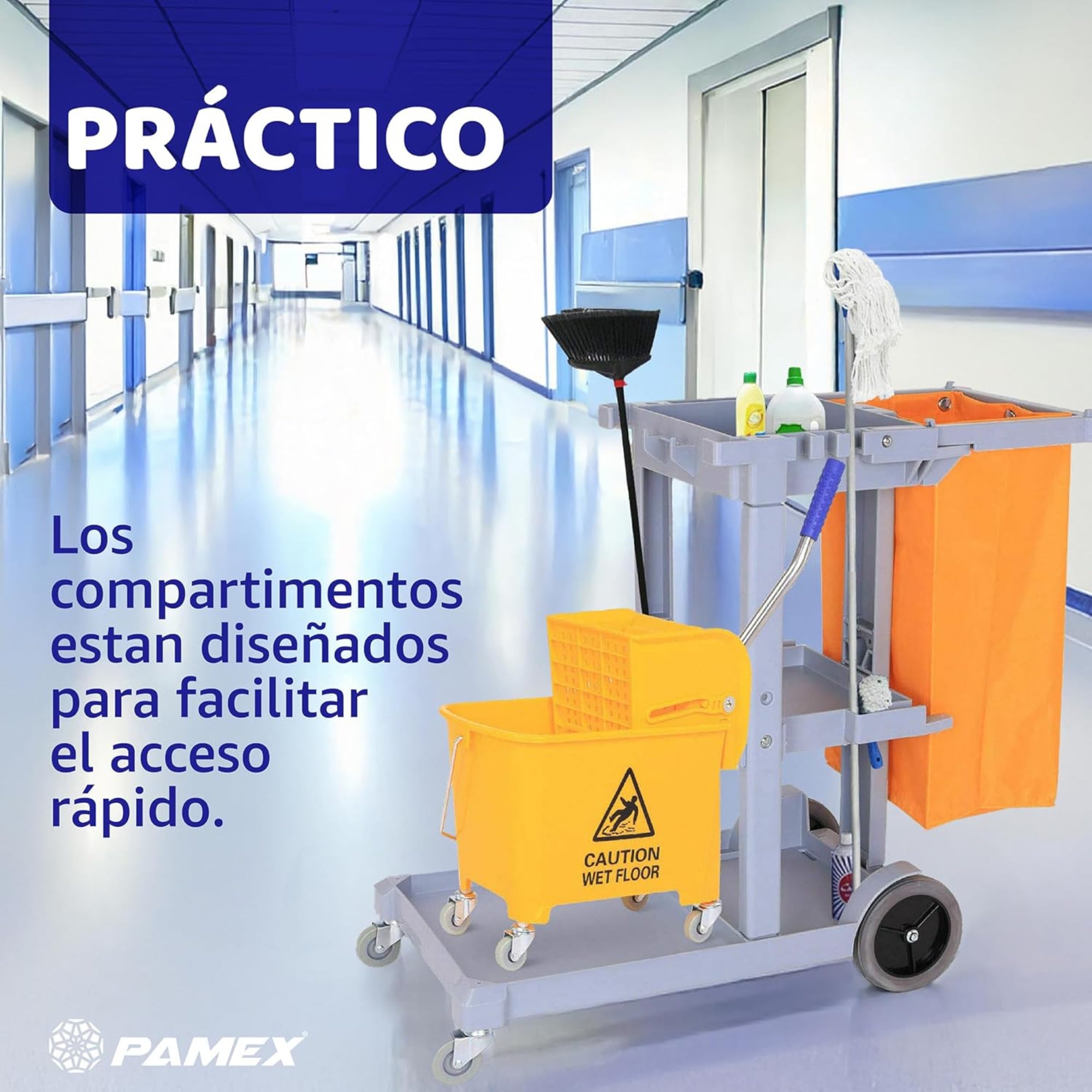 Carro de Limpieza Profesional Plástico con Tres bandejas con Saco de Vinilo de 100 Lt. más tapadera. Medidas 120x52x96 cm. (L x F x A). PAMEX® - 5