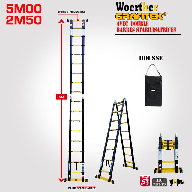 Scala-Scaletta Telescopica 5m00/2m50 Woerther Grafitek con 2 Barre Stabilizzatrici e Custodia