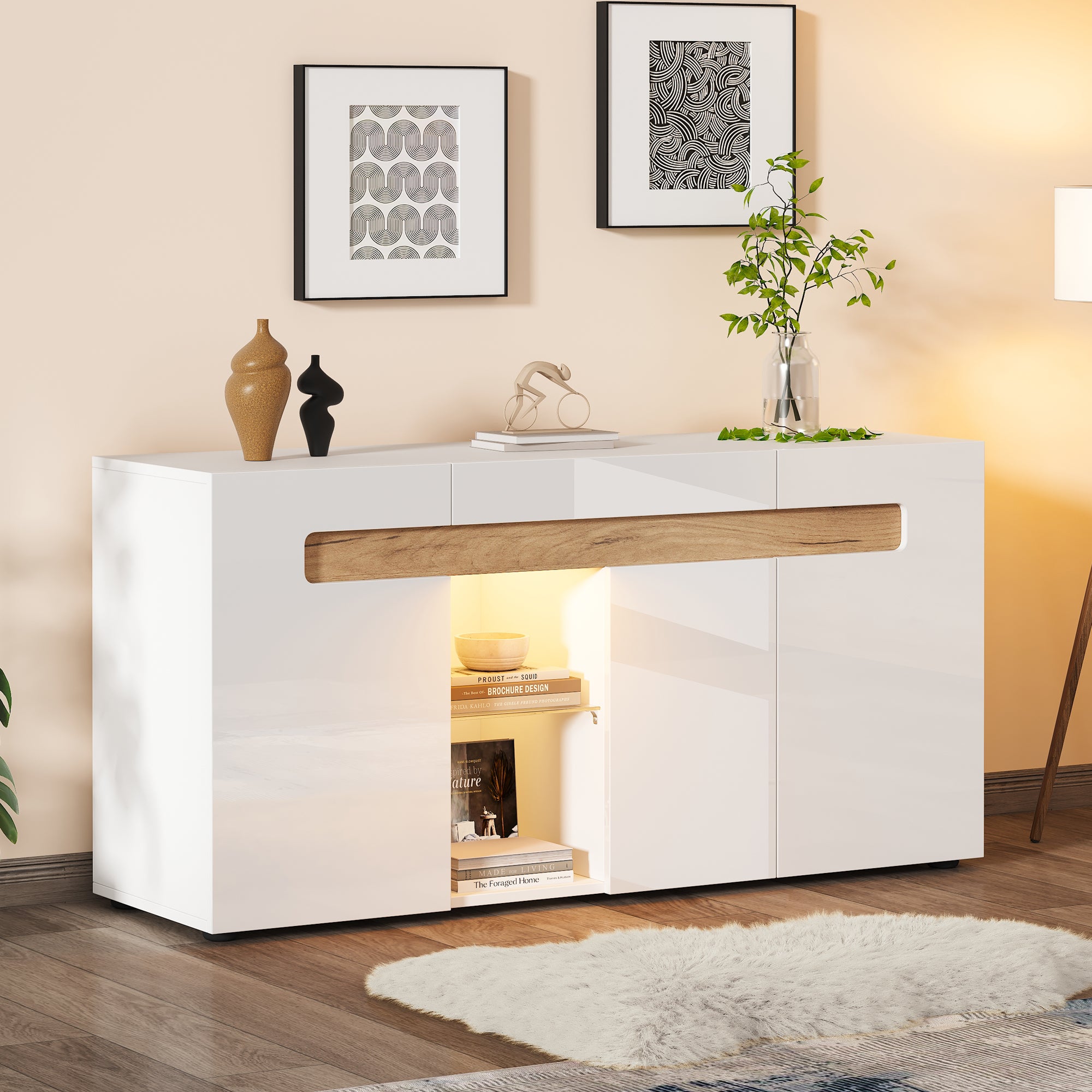 Nowoczesna komoda 140x40x70 cm - z oświetleniem LED - z 3 drzwiami - biała