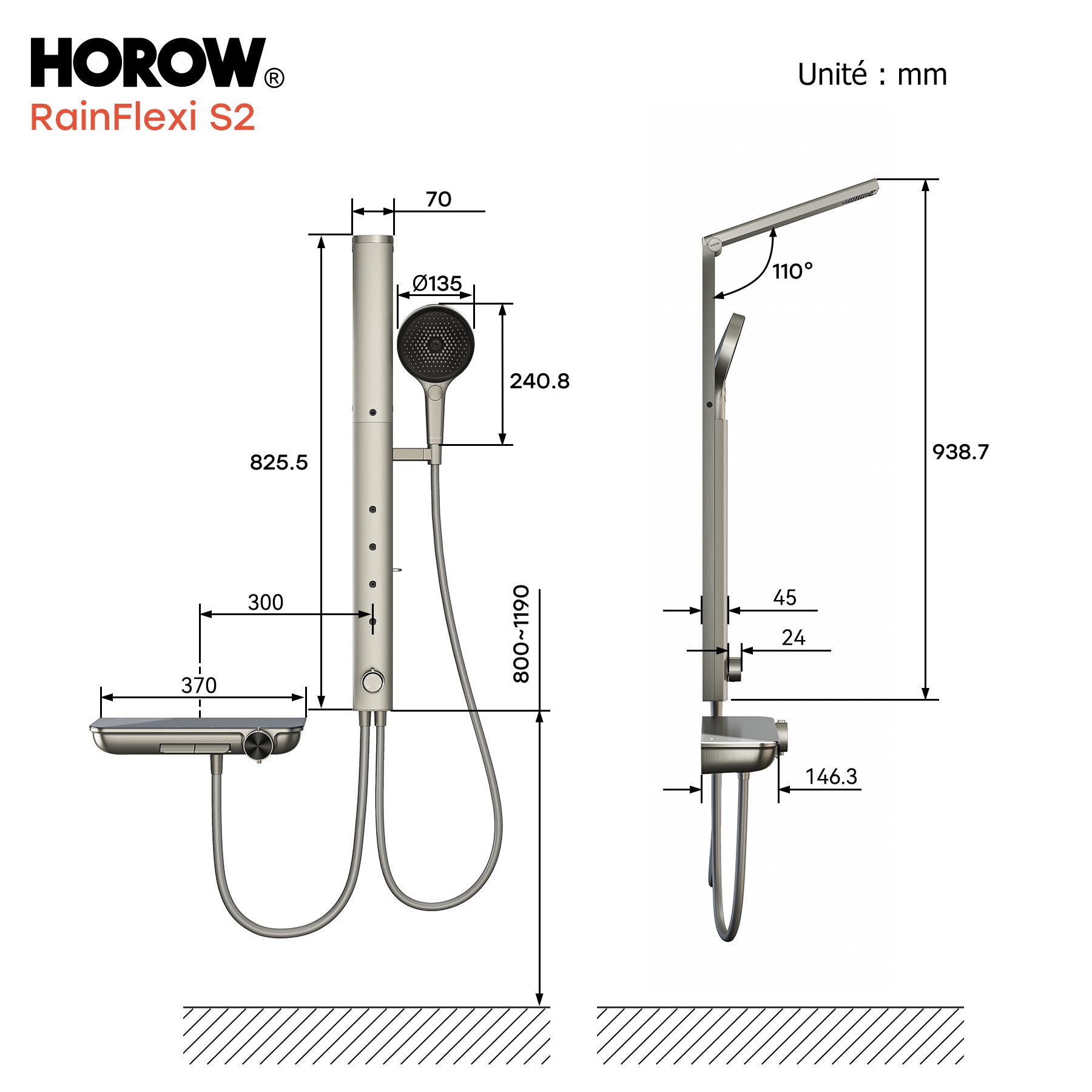 HOROW Ensemble de douche à effet pluie gris, avec Robinetterie Thermostatique, 4 modes de massage, pliable, réglable en hauteur - 9