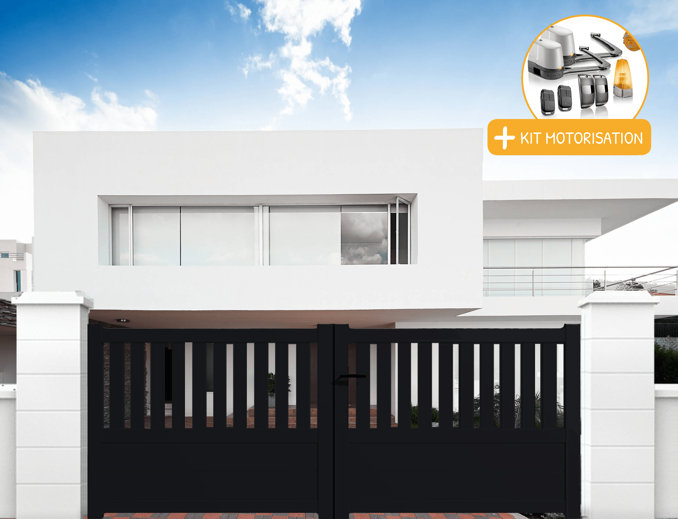 Portail aluminium battant semi-ajouré en kit + Motorisation dimensions L.3000 (entre piliers) X H.1300 mm SGS Essential Blanc (RAL 9010) - 4