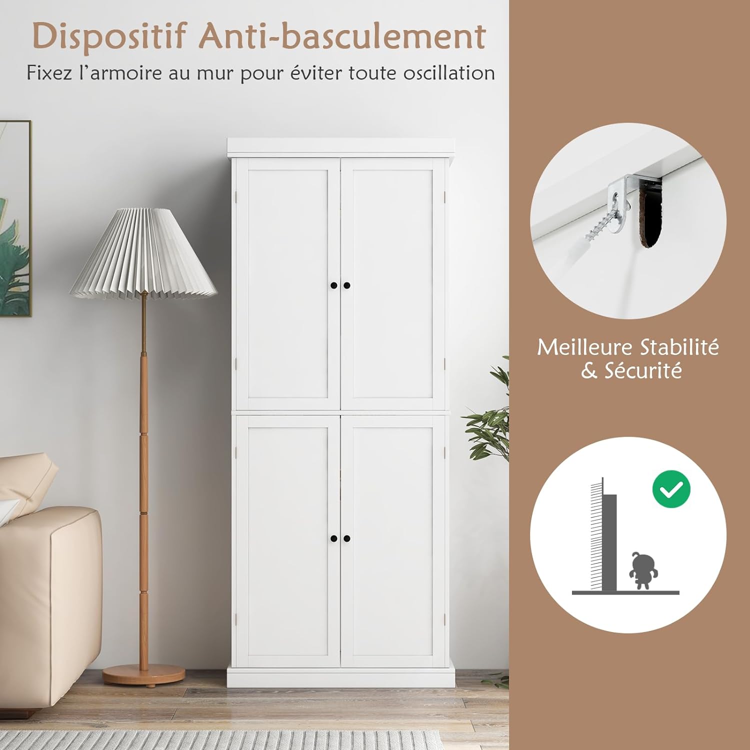 Armario Alto de Cocina Con 4 Puertas y 6 Estantes Ajustables, de Despensa, Buffet, Baño y Almacenamiento Para Cocina, Salón, Color Blanco - 6