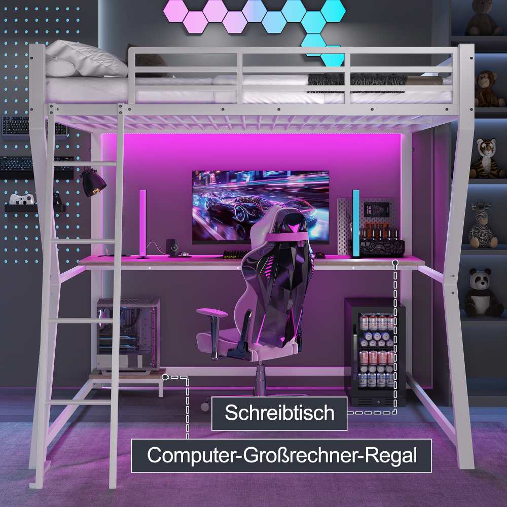 Lit mezzanine 140x200cm avec LED, bureau multifonction, support PC ...