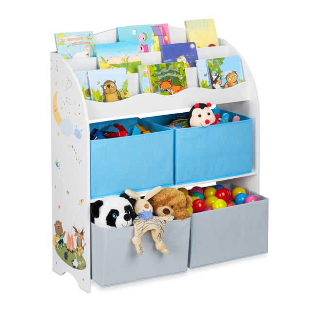 Relaxdays Scaffale Portagiochi, 4 Box, Motivi Falò, Giocattoli, Libri, Scaffale Cameretta Bimbi, 98x82,5x30 cm, Colorata
