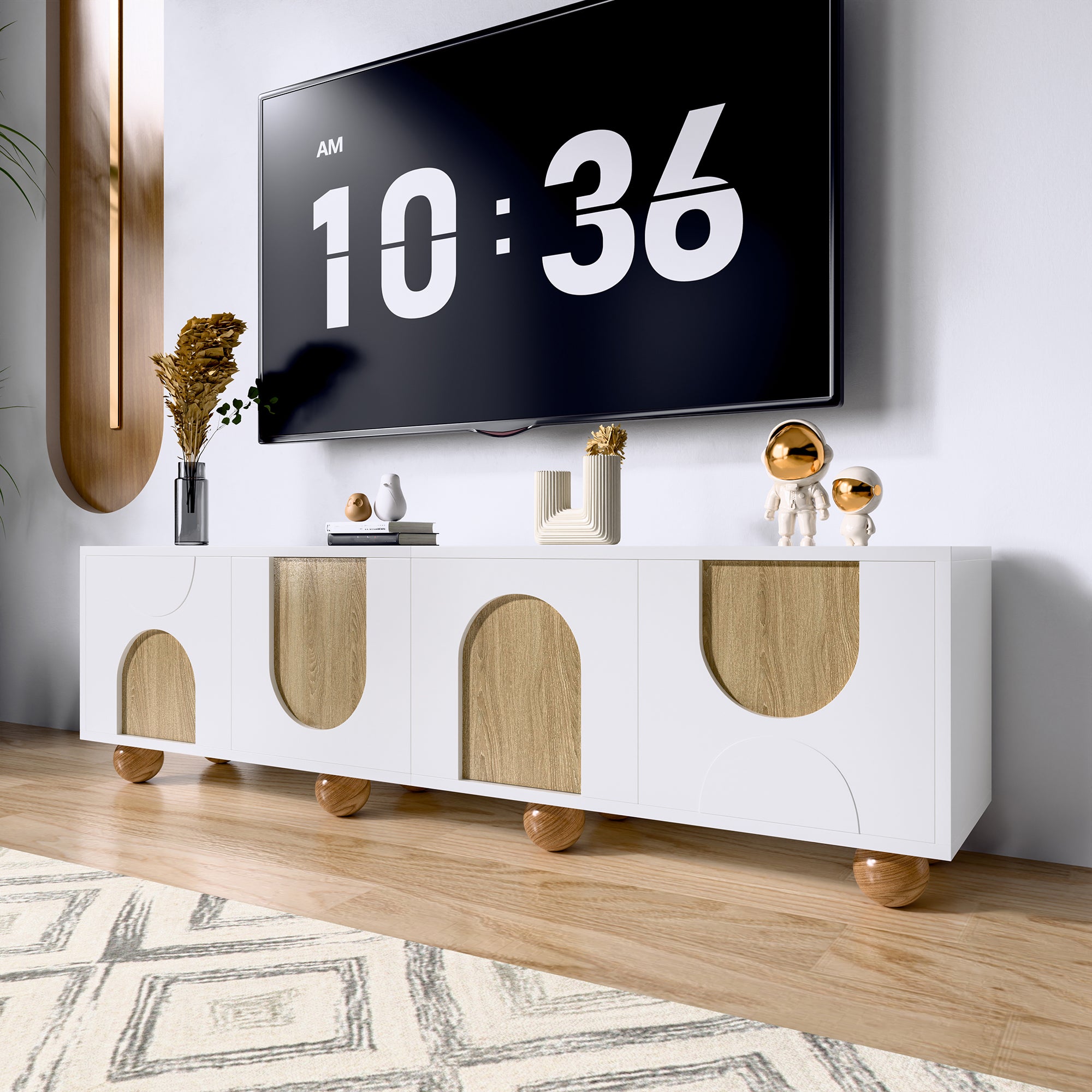 Stolik pod TV z 4 drzwiami - 175 x 38 x 50 cm - MDF i okrągłe nogi - do salonu - Biały + naturalny - 5