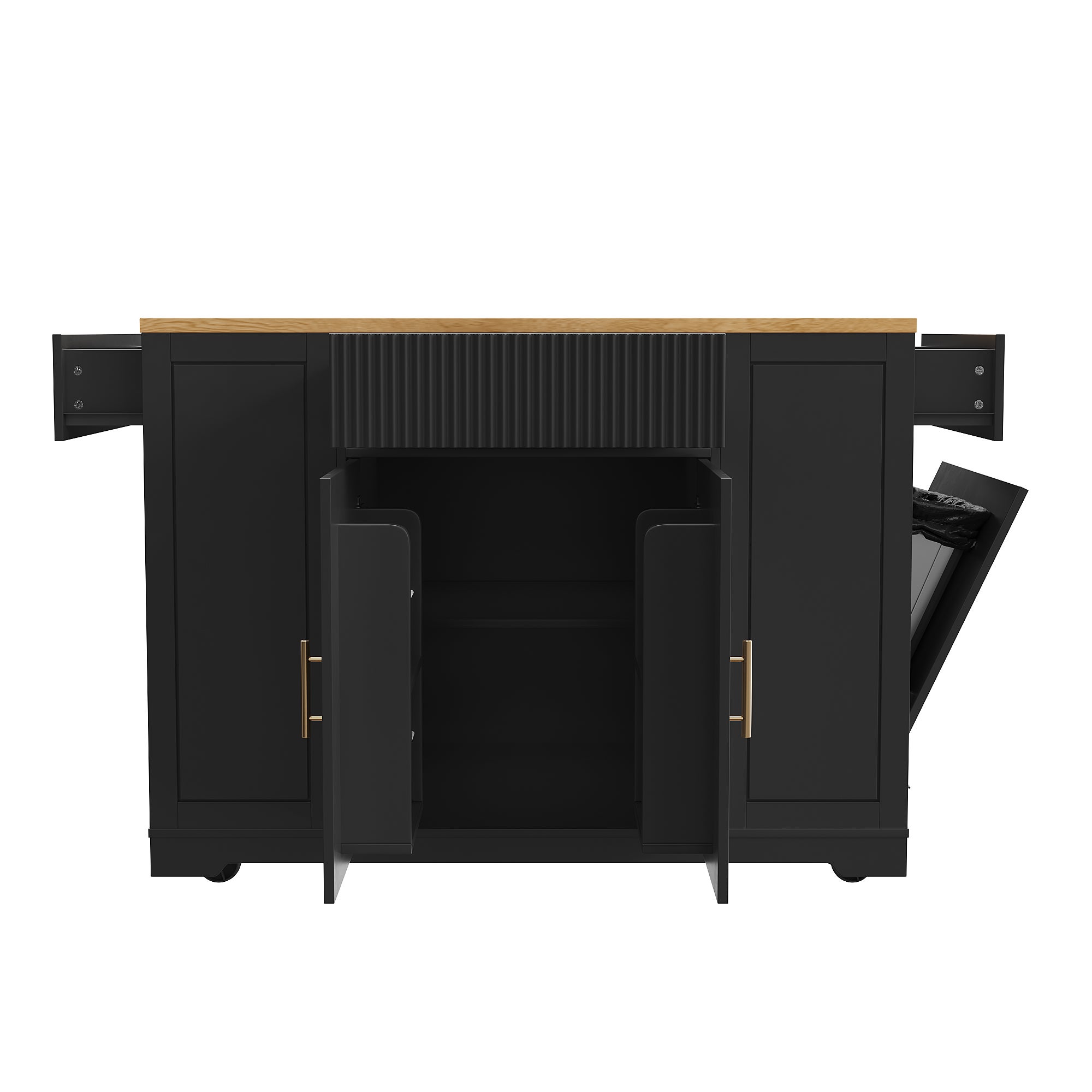 Îlot central de cuisine mobile avec 2 portes, 3 tiroirs et compartiment poubelle - 120 x 50 x 92 cm - MDF + Métal - Noir - 9