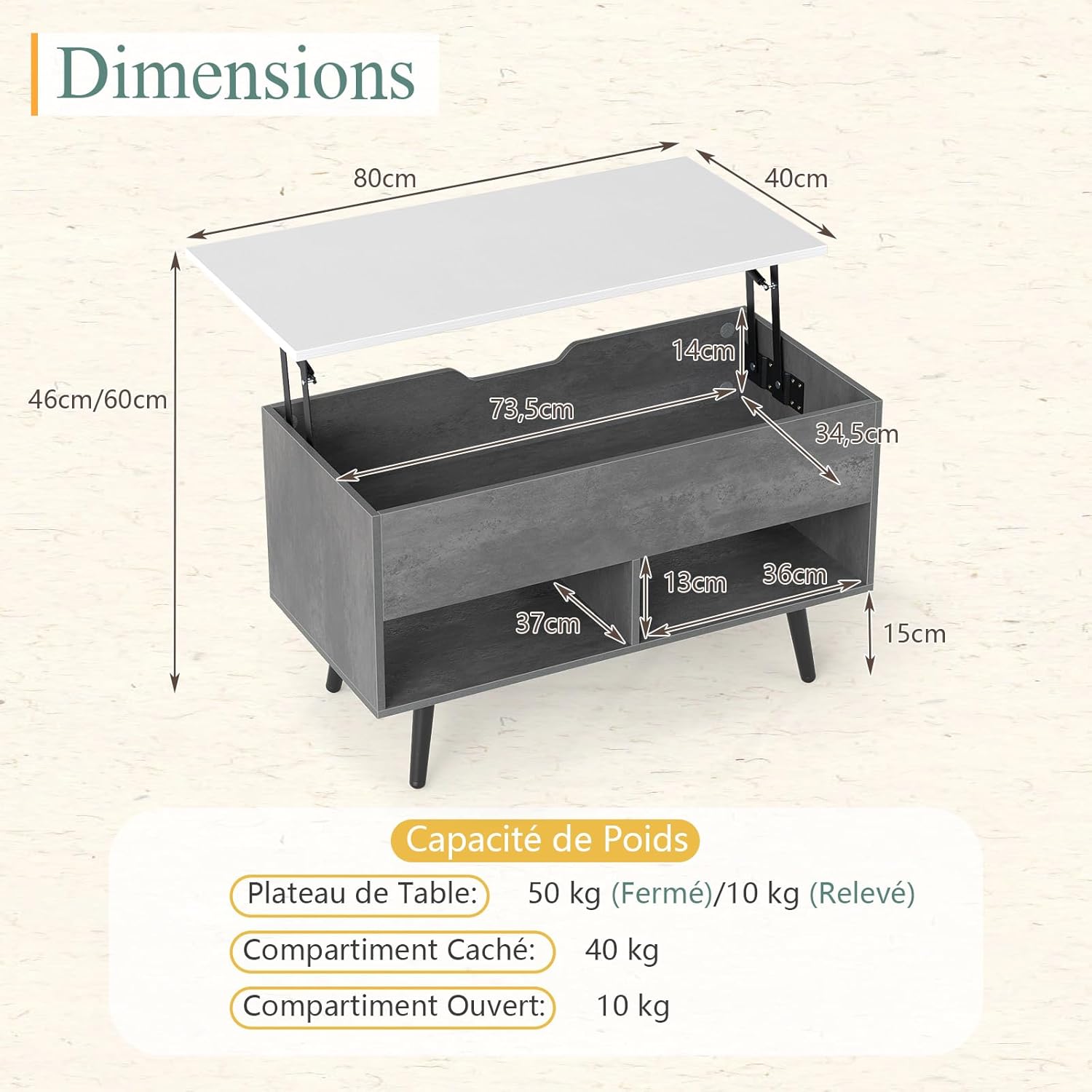 Tavolino Salotto Sollevabile in Legno, Tavolino da Caffè con Scomparto Nascosto e 2 Scaffali Aperti, Tavolino Basso e Modern per Soggiorno, Sa - 2