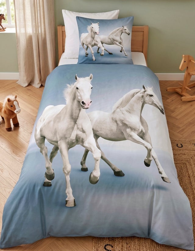 Parure de Lit Enfant Chevaux Blancs, 100% Coton Oeko-Tex, Lit 1 place, Housse de Couette 140x200 cm Taie d'Oreiller 63x63 cm