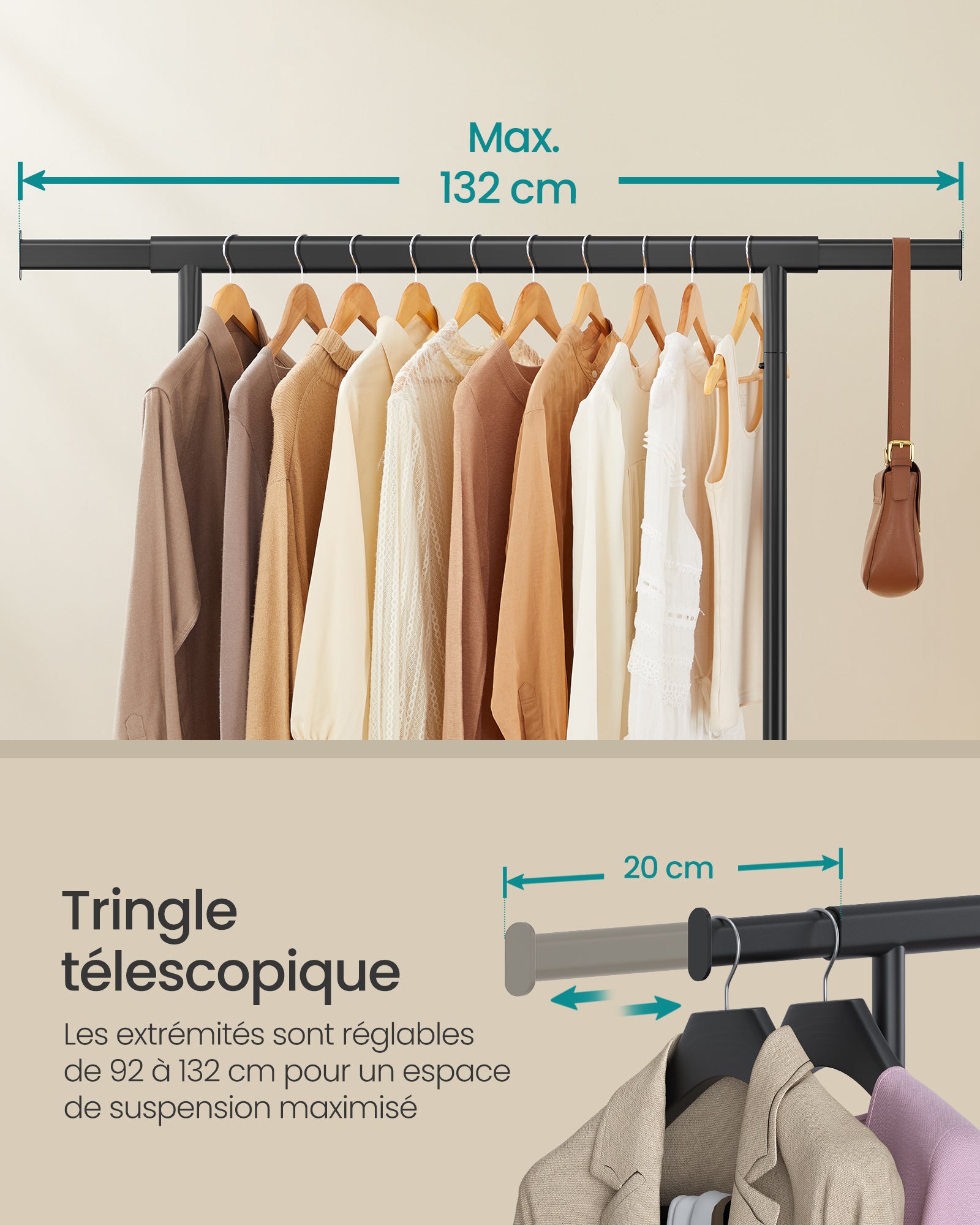 SONGMICS Portant à Vêtements avec roulettes, Tringle Extensible pour Charge Lourde, Porte-Manteau, Rangement Vêtement, Capacité de Charge 100 kg, Noir - 4
