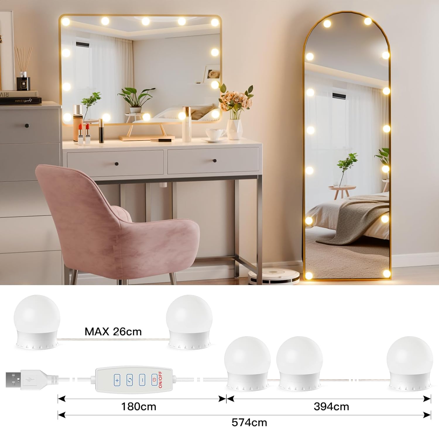 Lumière de Miroir, 14 Ampoules pour Coiffeuse Maquillage, Miroir LED Hollywood Dimmable, Lampe Coiffeuse USB avec Interrupteur,3 Couleurs - 6