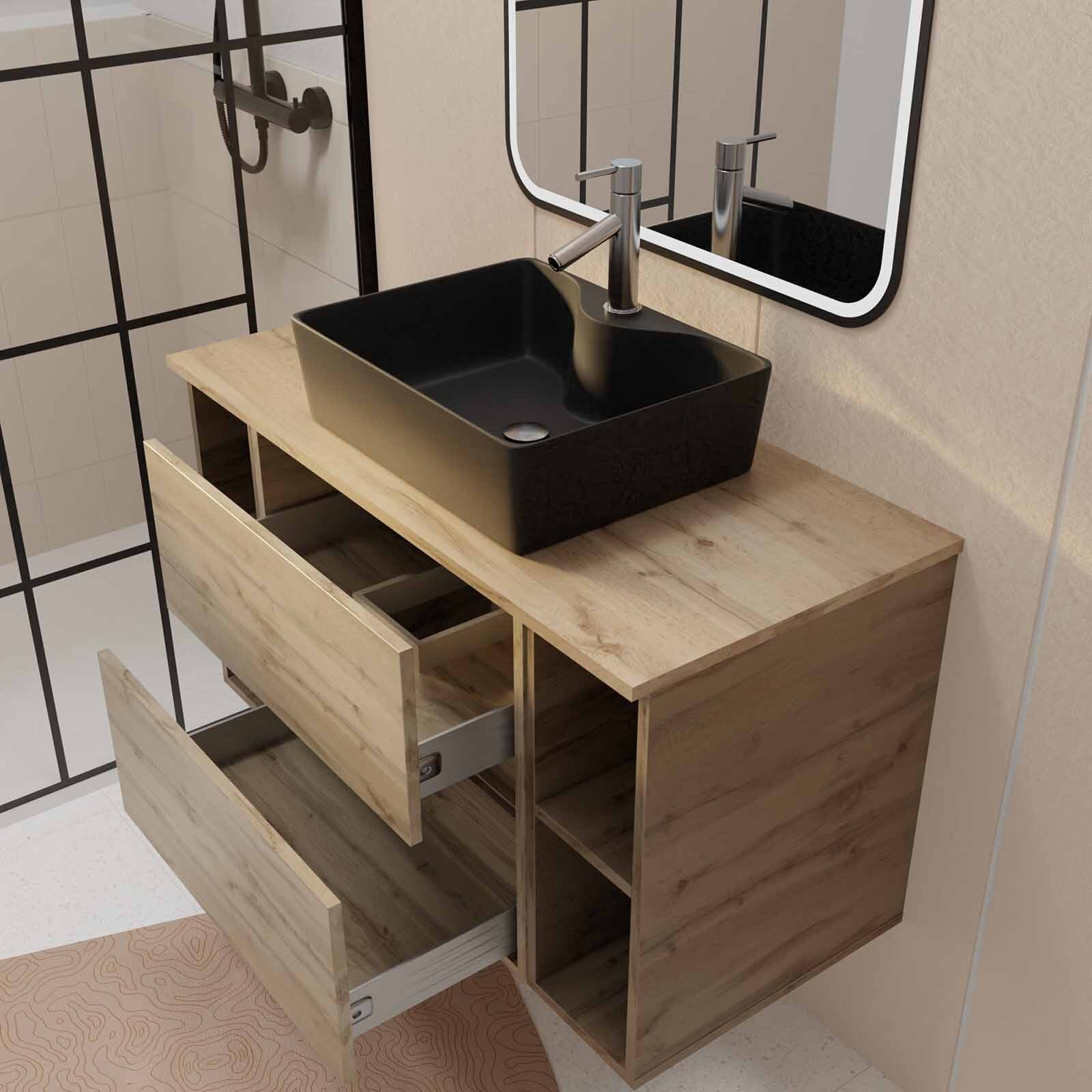 Meuble salle de bains 100 TIMBER Décor Chêne 2 Tiroirs Vasque Noire Rectangulaire Miroir LED 60x80 - 2