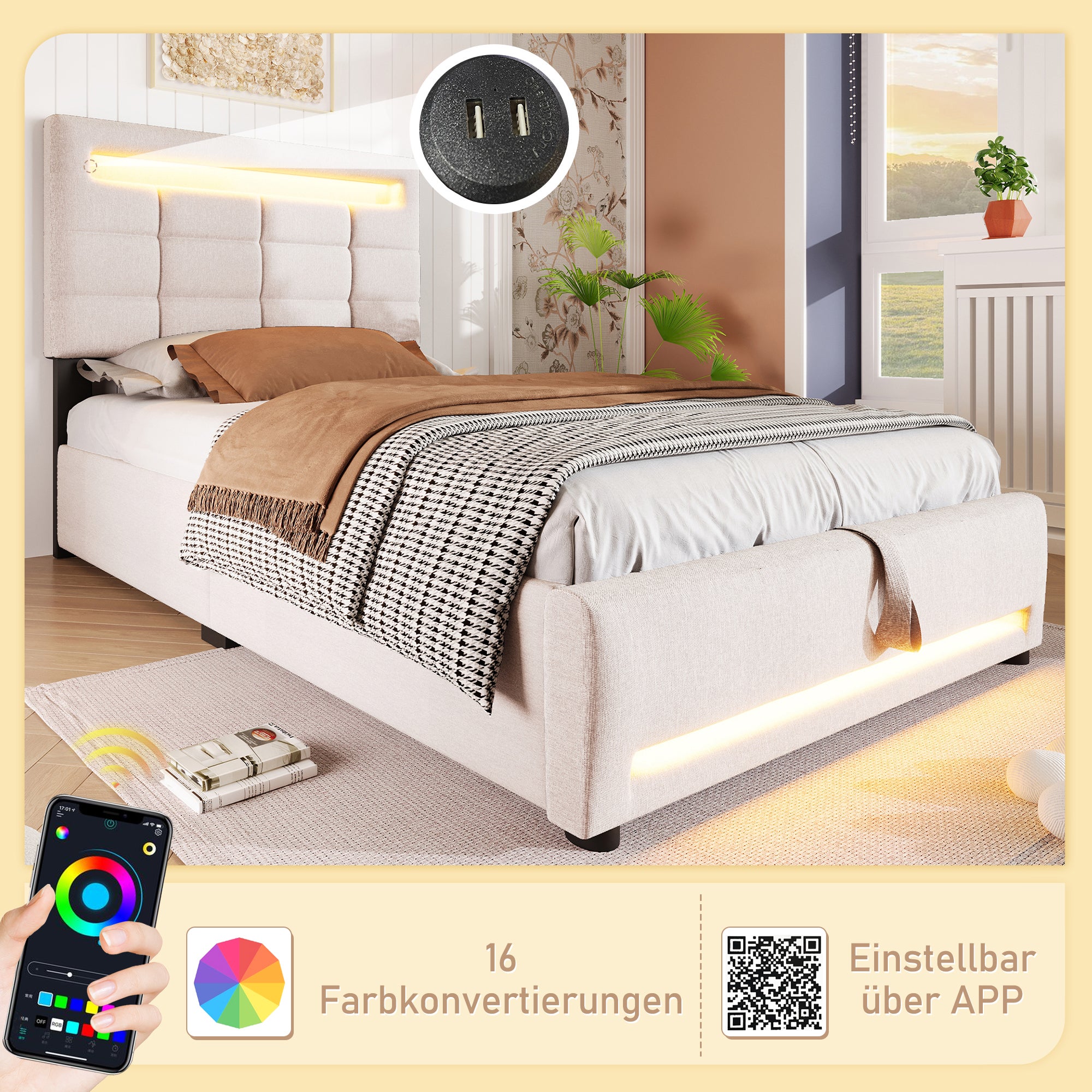 Letto Singolo 90x190 Cm Con Contenitore Idraulico E Porta USB-C | Struttura In Legno E Metallo, Rivestimento Lino E Cotone, Grigio
