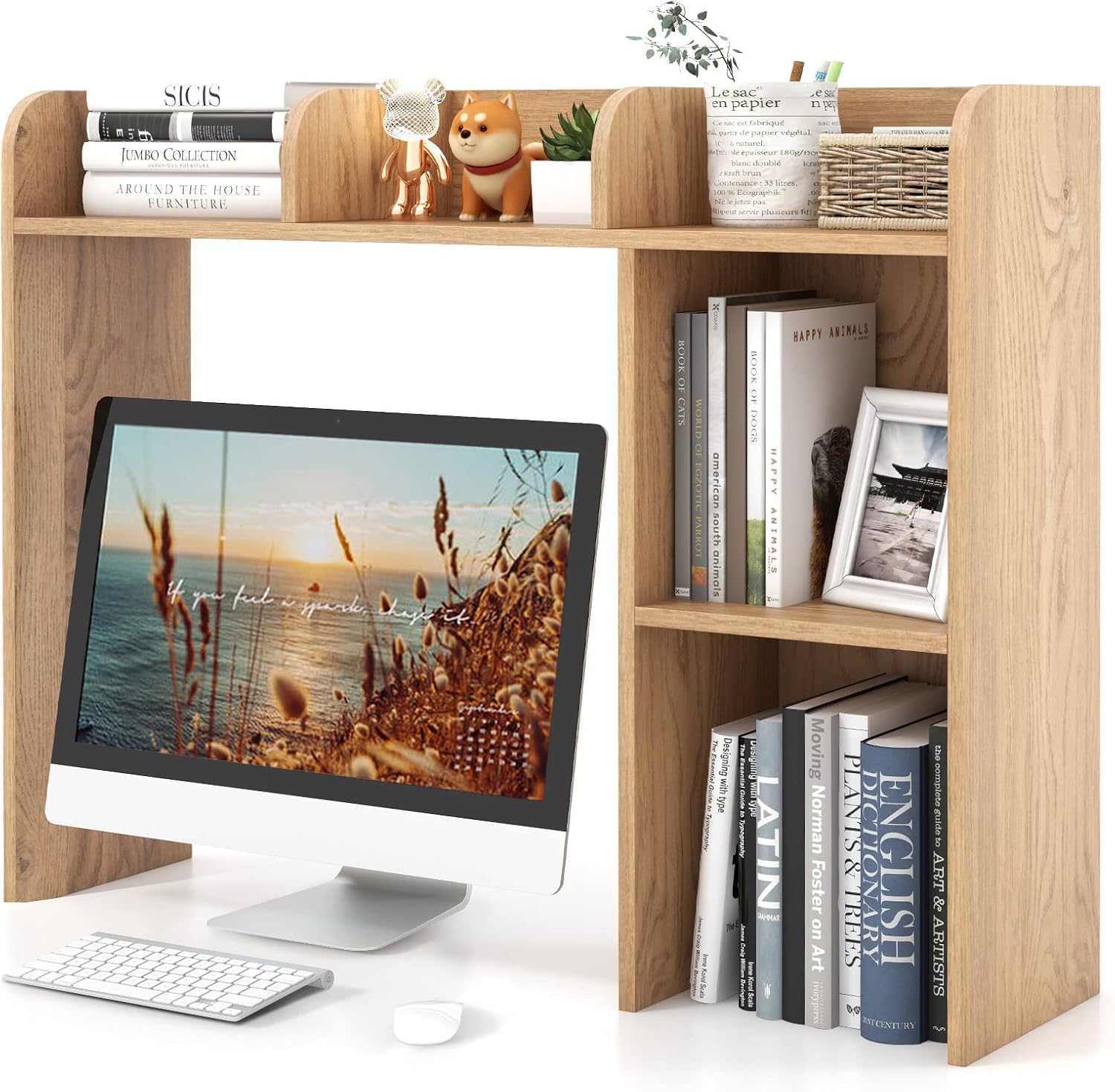 Drewniana Biblioteczka Biurkowa z Wieloma Półkami, Organizer Biurkowy z Zabezpieczeniem przed Przewróceniem, 94 x 25 x 74 cm (Naturalny)