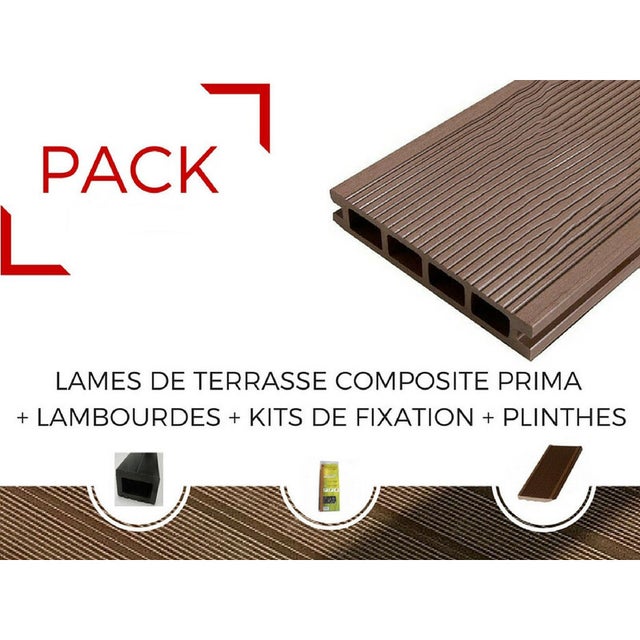 PACK 10 m² lame terrasse composite Prima + ACCESSOIRES (3 coloris) 2200mm - Brun rouge, 19mm x 12cm x 220cm
