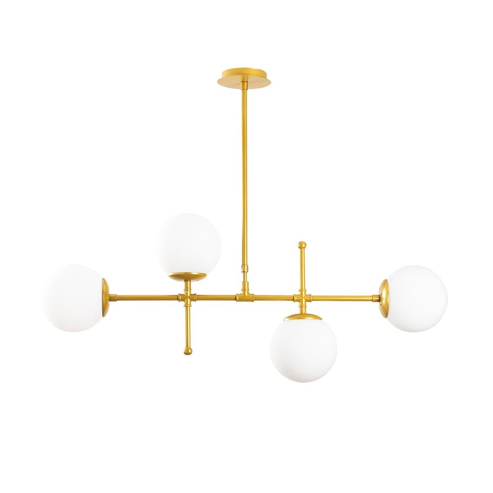 Elegancka lampa sufitowa Garet 4 z pozłacaną metalową konstrukcją i białymi szklanymi kulami