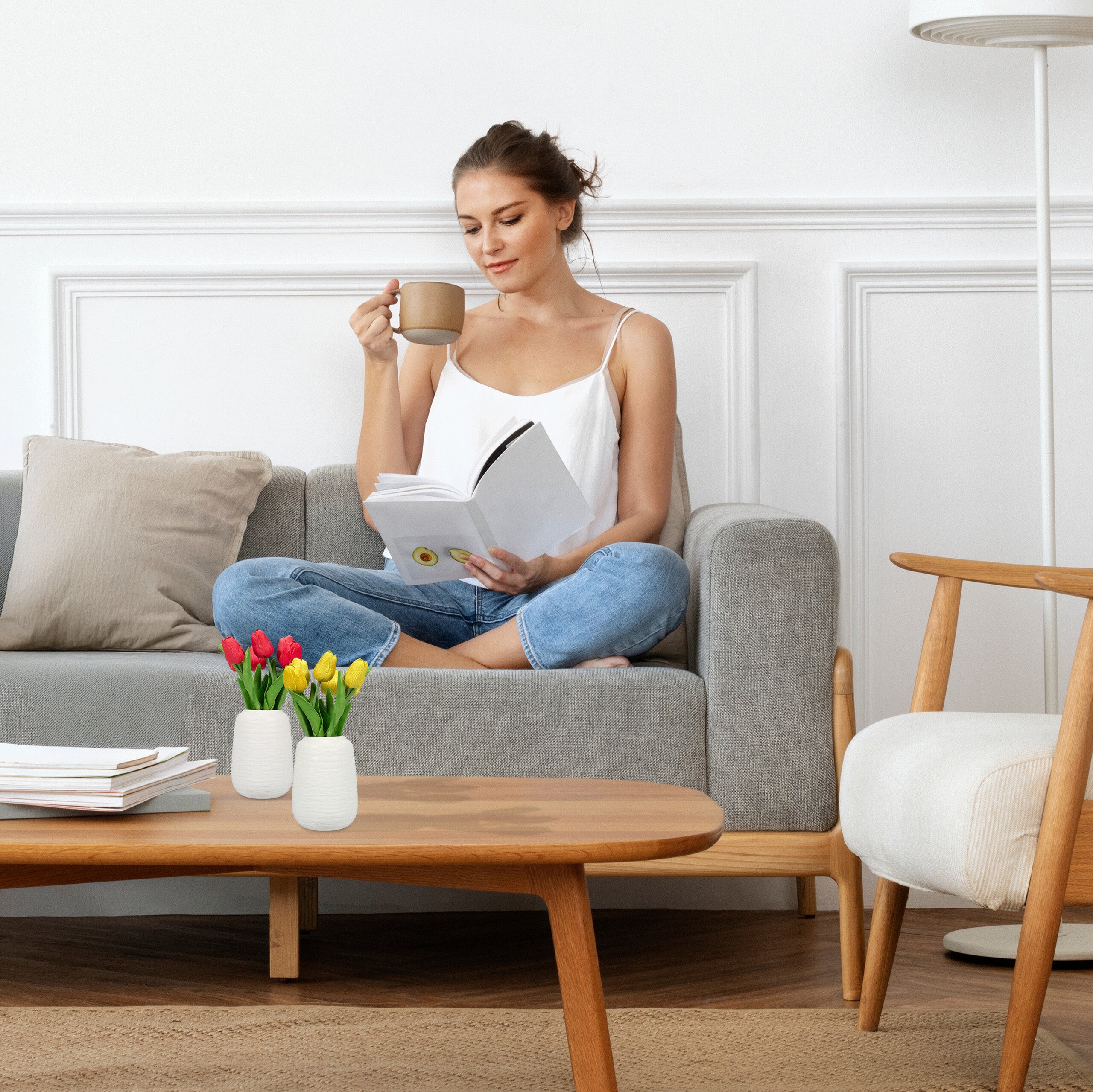 Vase décoratif en lot de 2, pot de fleurs, en céramique, dimensions de chaque H x D : 15 x 10 cm, gris, Relaxdays - 3