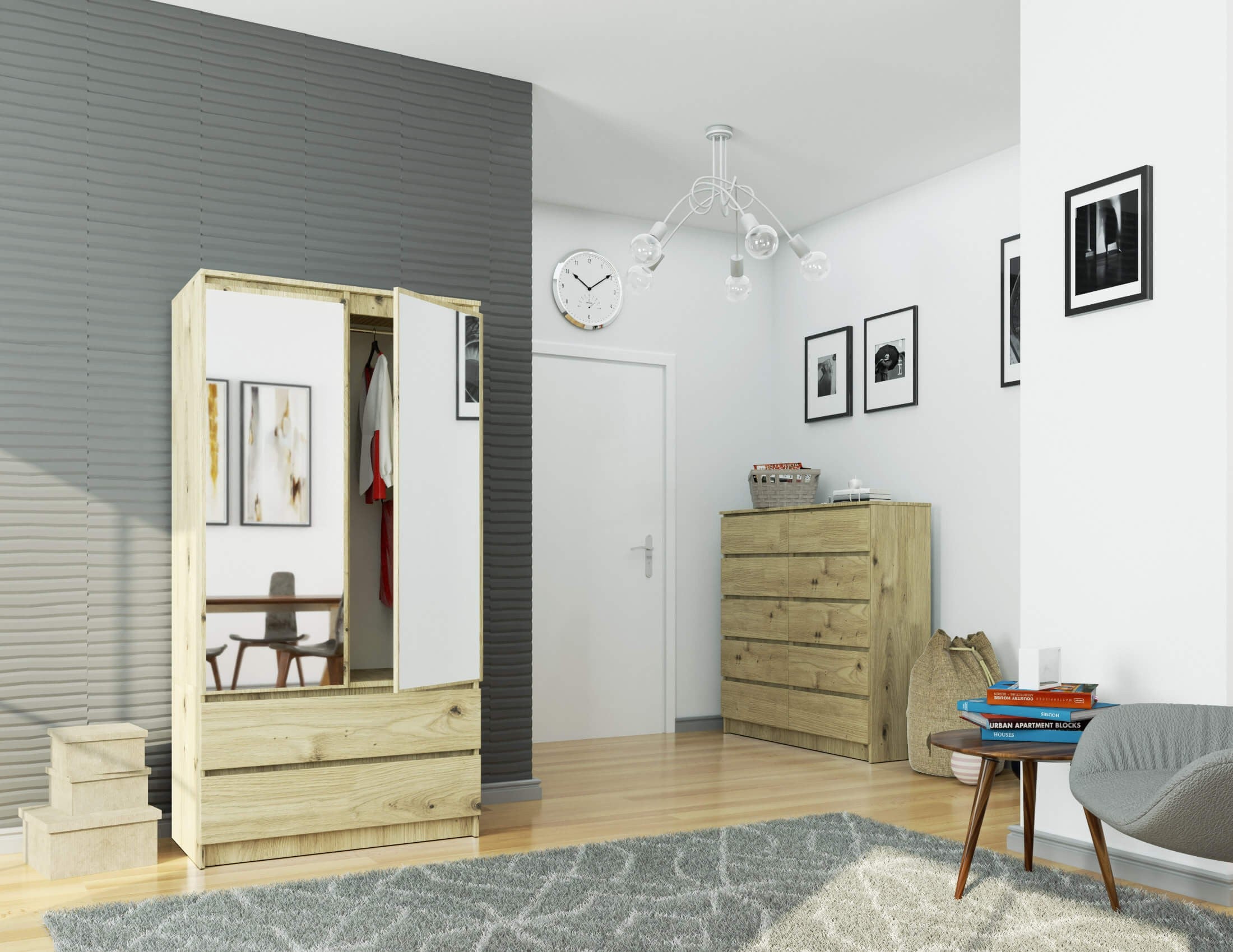 Armoire AKORD S90 avec miroir Chêne Artisan 90 cm 2 portes 2 tiroirs façade Chêne Artisan 4 étagères 90x51x180 cm - 5