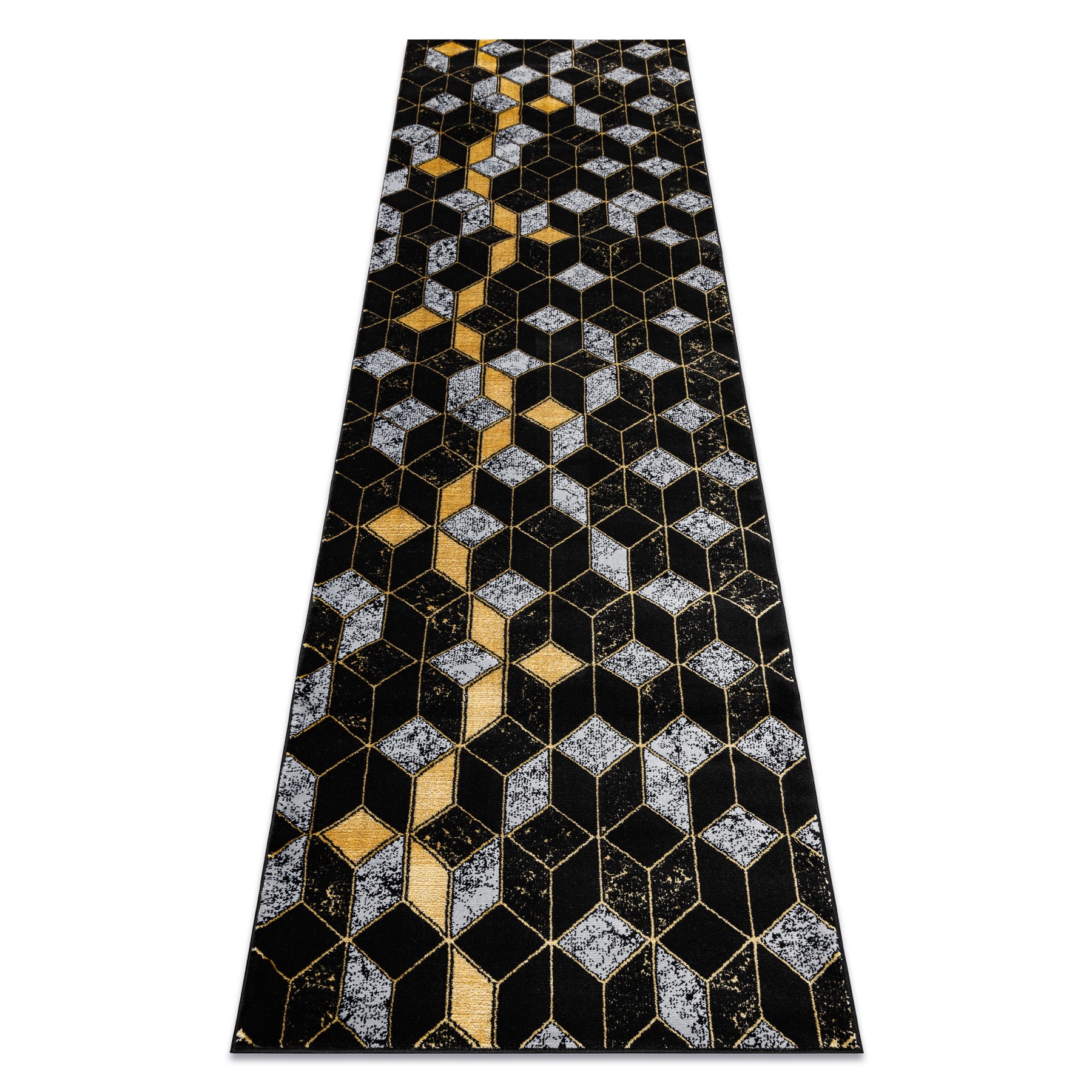 Dywan, Chodnik GLOSS nowoczesny 400B 86 stylowy, glamour, art deco, 3D geometryczny czarny / złoty 60x300 cm