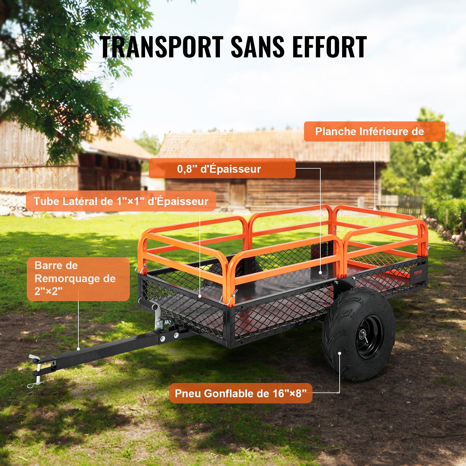 Remorque utilitaire robuste 680 kg SucceBuy, benne basculante de jardin 0,4 m³ avec côtés amovibles, idéale pour tracteur tondeuse ATV UTV - 3